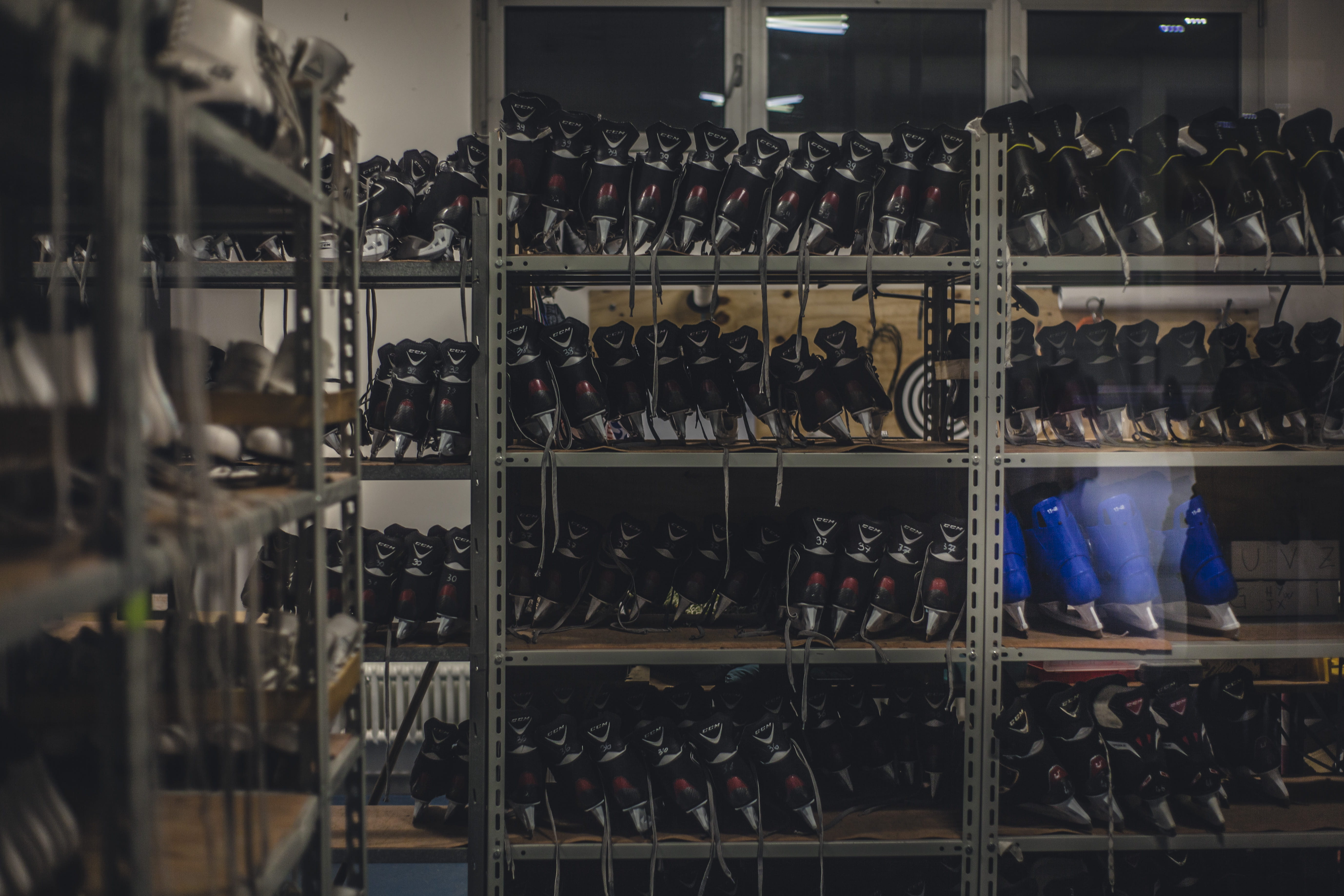 arrangement, refreshment, bottle, container, stock, row, shelves, windows, skate, 5K, side by side, in a row, metal, ice, consumerism, skates, indoors, HD Wallpaper