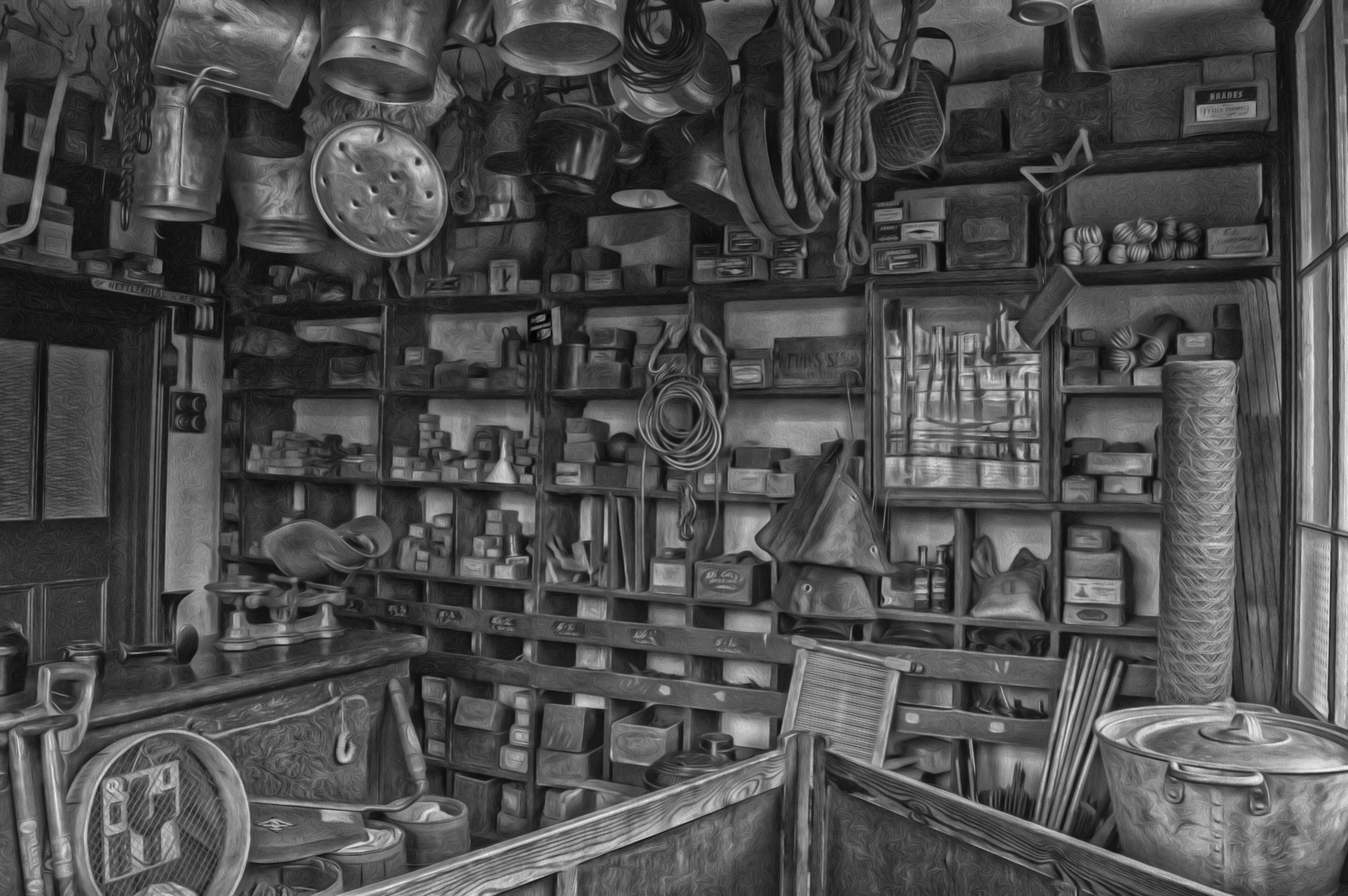 kitchenware, indoors, container, technology, 5K, choice, monochrome, stock, machinery, vintage, steel, antique, store, hanging, black-and-white, shelf, HD Wallpaper