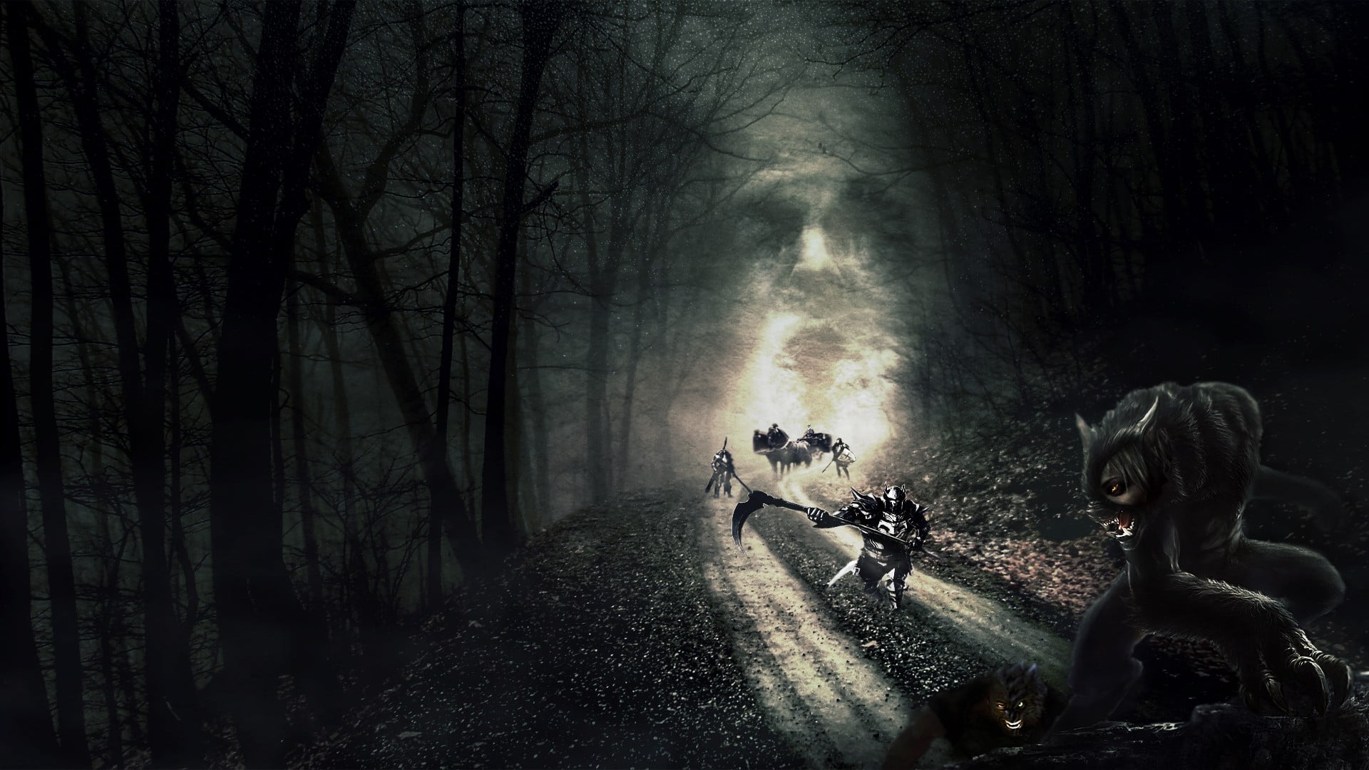 road, horror, werewolves, knight, land, plant, art and craft, fog, day, mammal, human representation, dark, 1080P, black, transportation, representation, HD Wallpaper