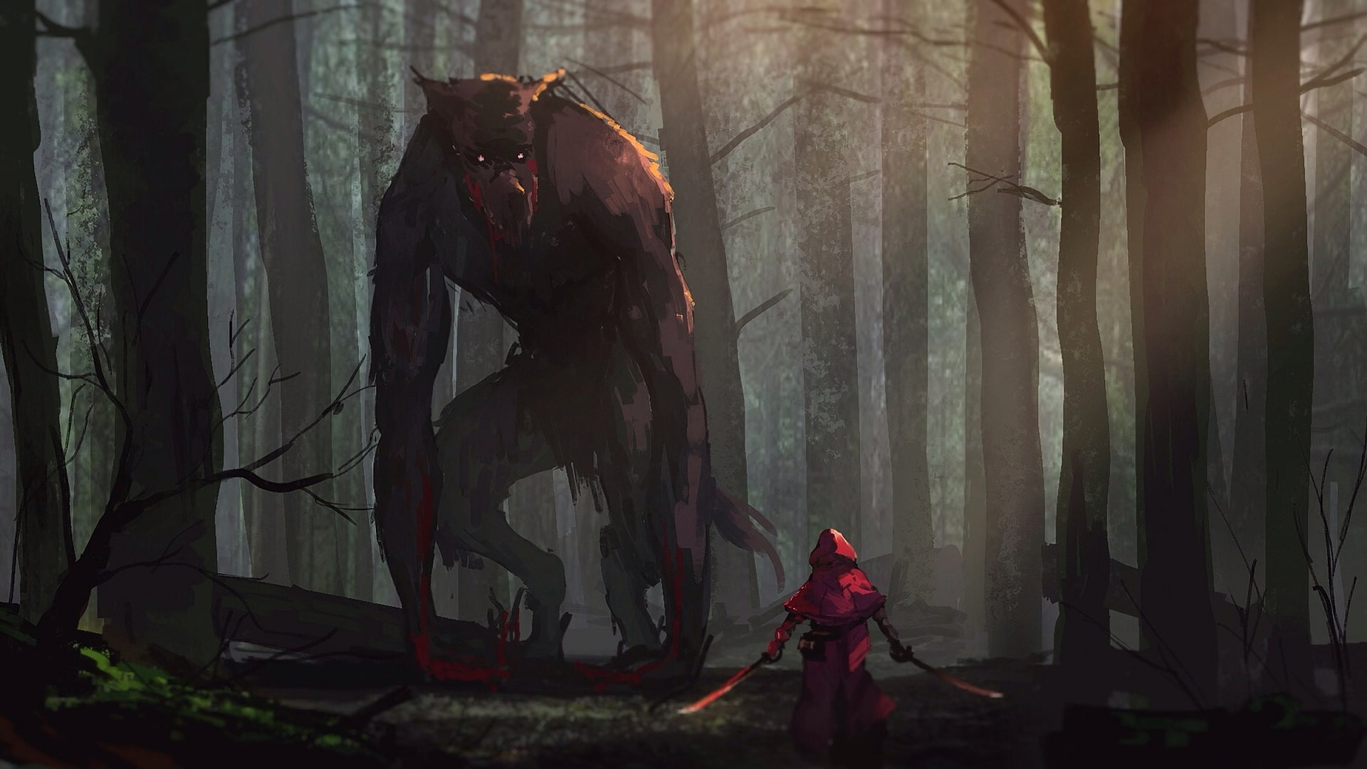 trees, wood, Little Red Riding Hood, sword, werewolves, weapon, hoods, 1080P, HD Wallpaper