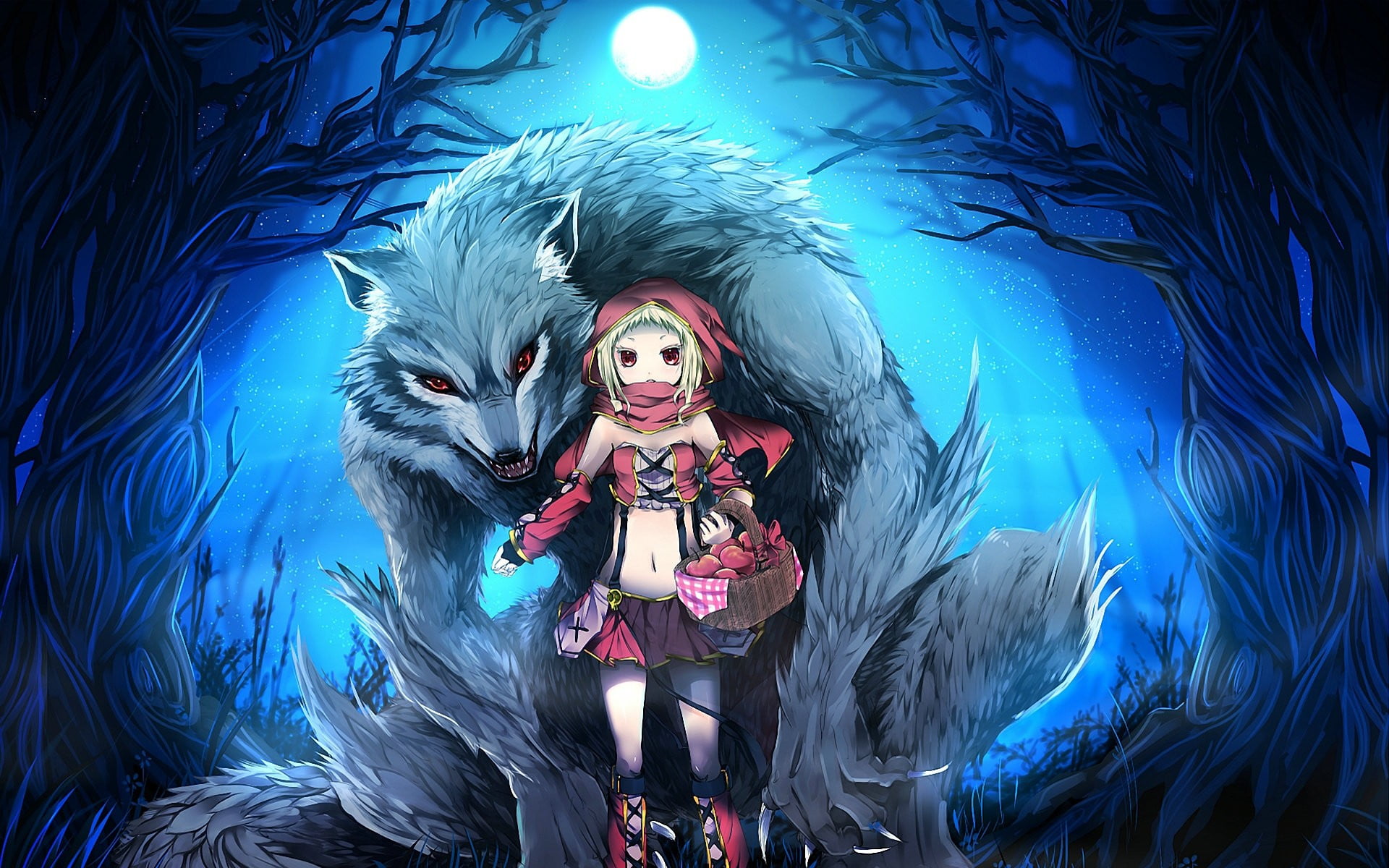 blue, fantasy girl, portrait, 1080P, looking at camera, celebration, anime girls, anime, fashion, women, adult, young adult, Little Red Riding Hood, one person, HD Wallpaper