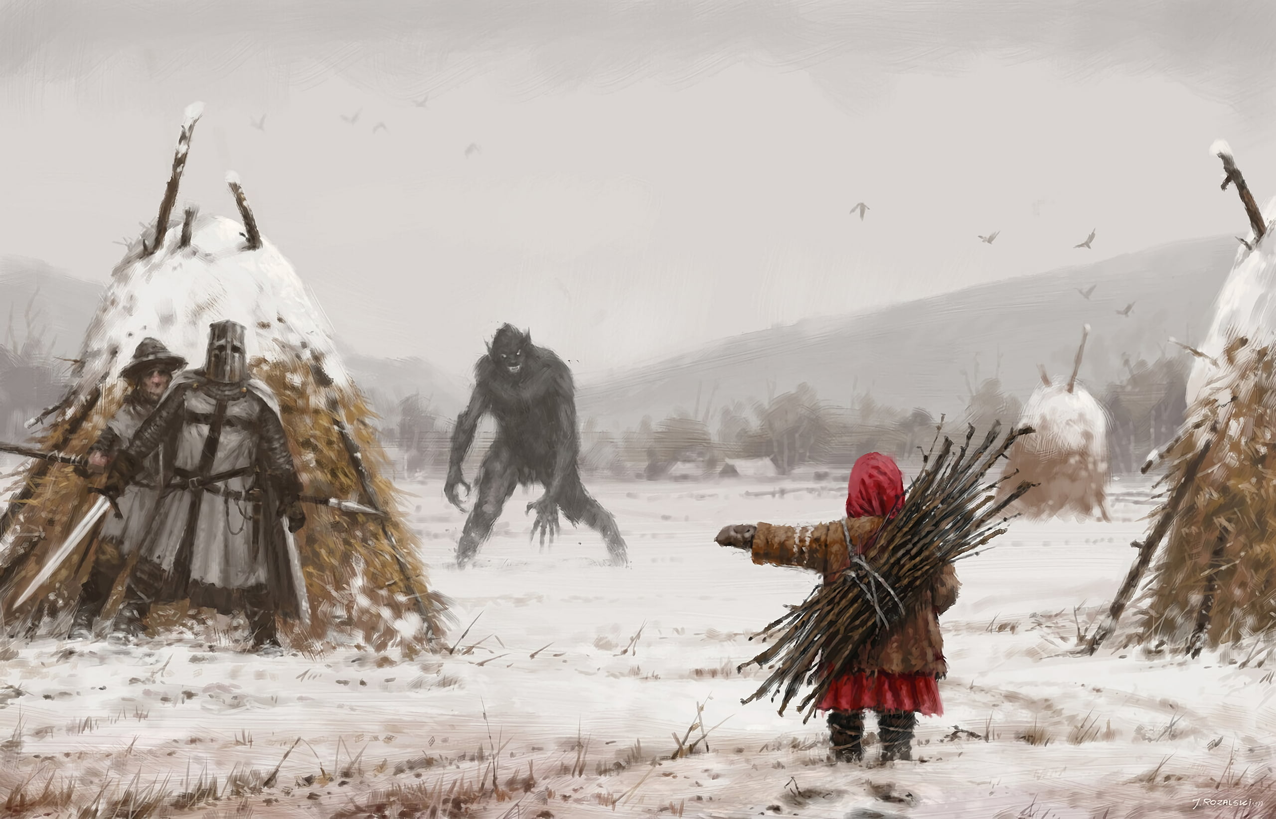 dark fantasy, snow, 2K, knight, werewolves, Jakub Różalski, HD Wallpaper