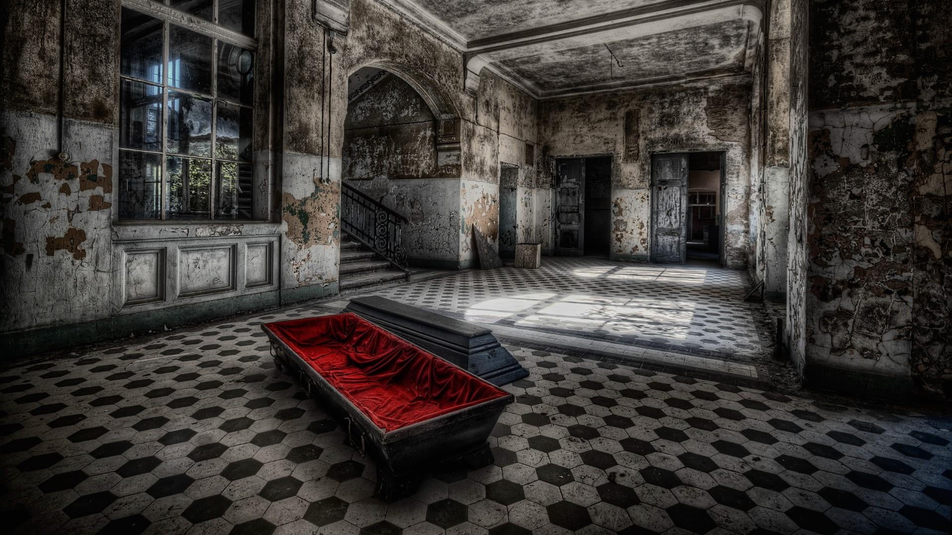 arch, carpet - decor, indoors, coffin, no people, absence, history, the past, old, home interior, 1080P, built structure, vampire, day, entrance, fantasy, HD Wallpaper