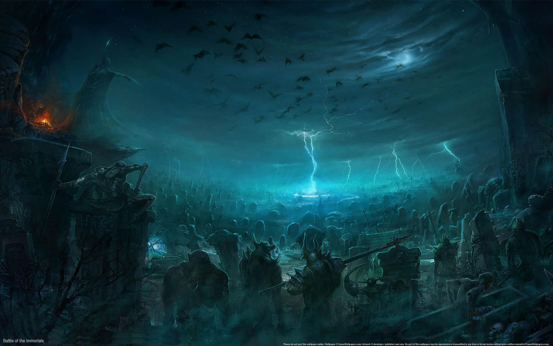 graves, lightning, 3d and abstract, 1080P, coffins, people, spear, immortals, stars, battle, HD Wallpaper