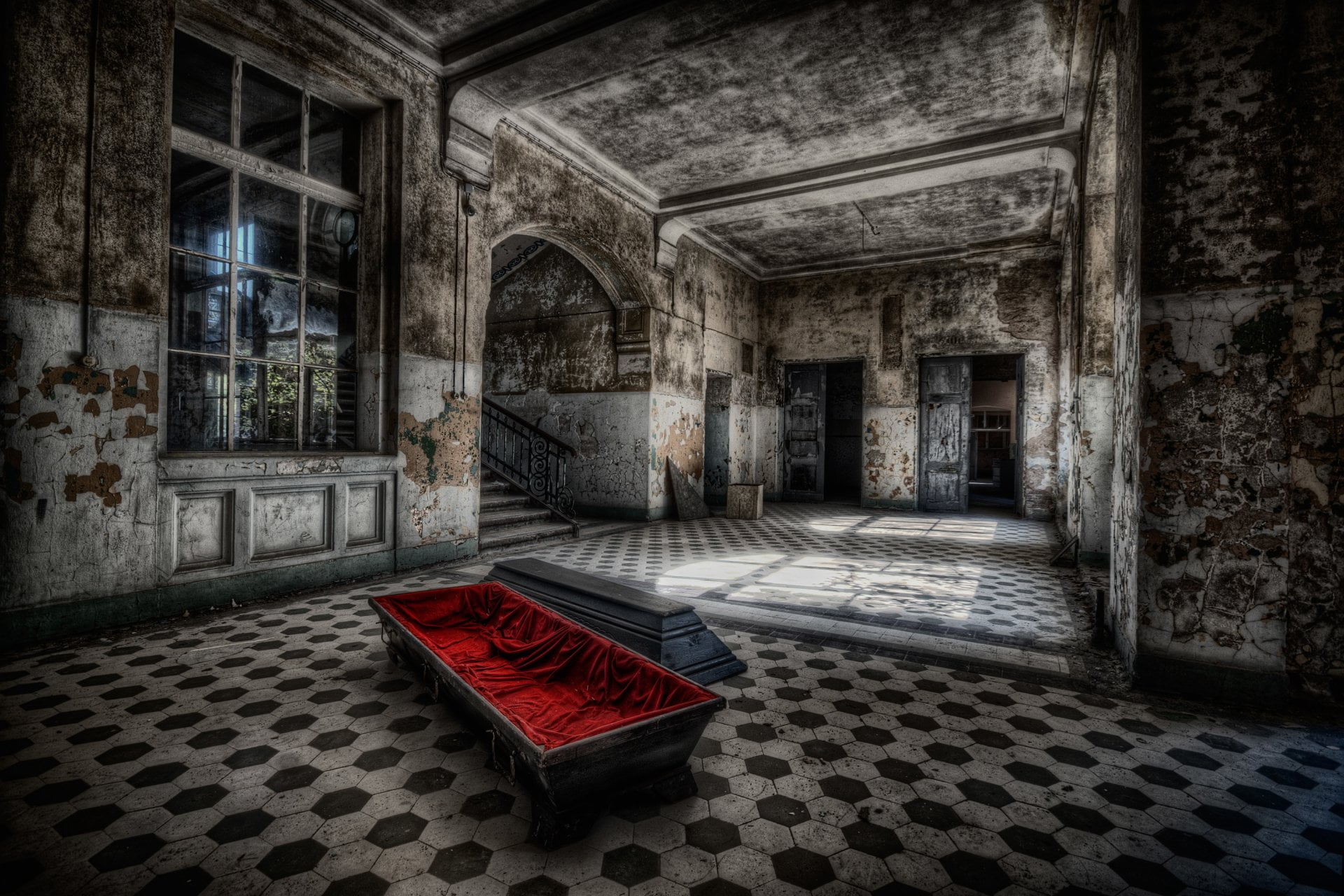 home interior, abandoned, house, bed, tiled floor, building, indoors, red, old, pattern, Artistic, ceiling, door, black, coffin, window, flooring, Dark, HD Wallpaper