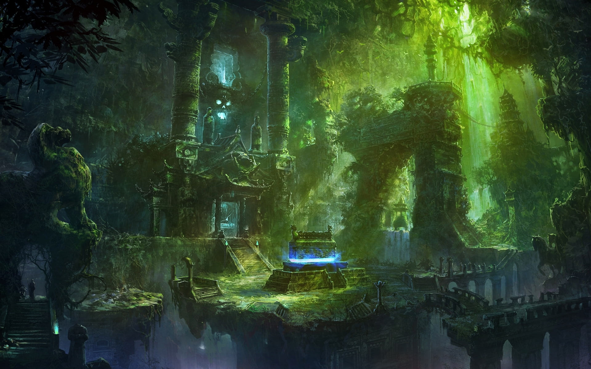 abandonment, tomb, the coffin, columns, moss, bridge, temple, the sarcophagus, 1080P, art, ruins, HD Wallpaper