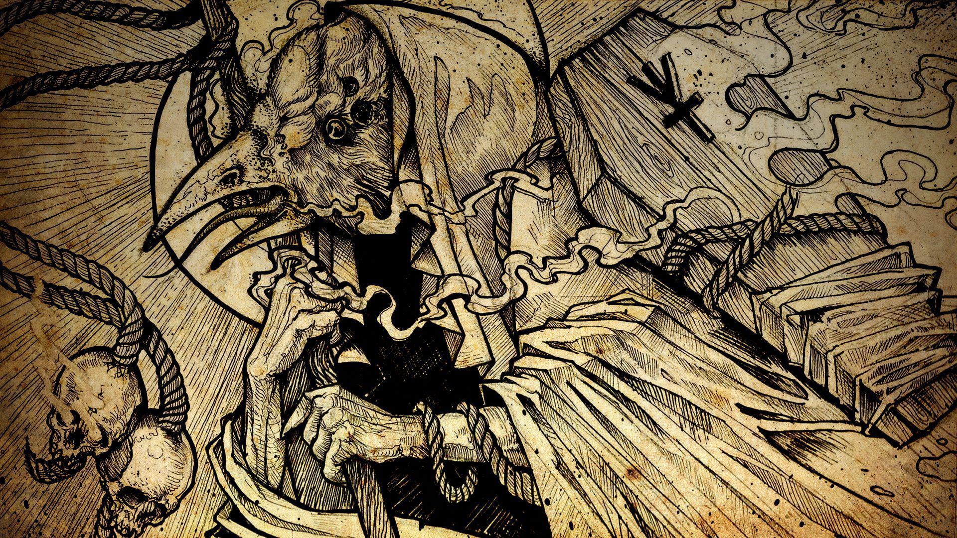 skull, sketch, death, drawing, bird, 1080P, digital art, cane, coffin, monster, holding, 1920x1080, HD Wallpaper
