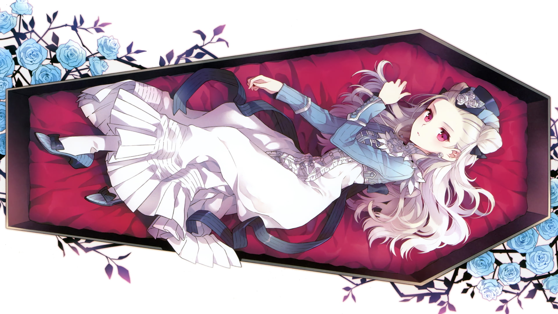 1080P, girls, anime, lying, butterflies, eyes, animals, Flowers, hd, x, art, lying down, coffin, pink, HD Wallpaper