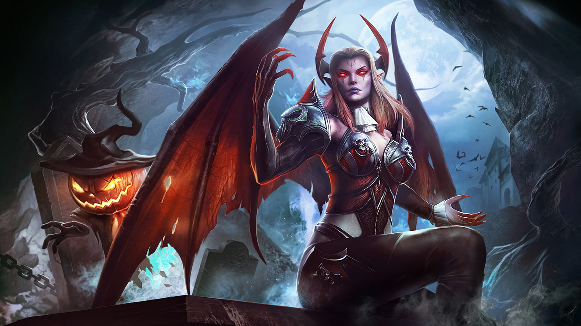 Pumpkin, Dark, Fantasy, Wings, Succubus, Woman, Horns, 1080P, HD Wallpaper