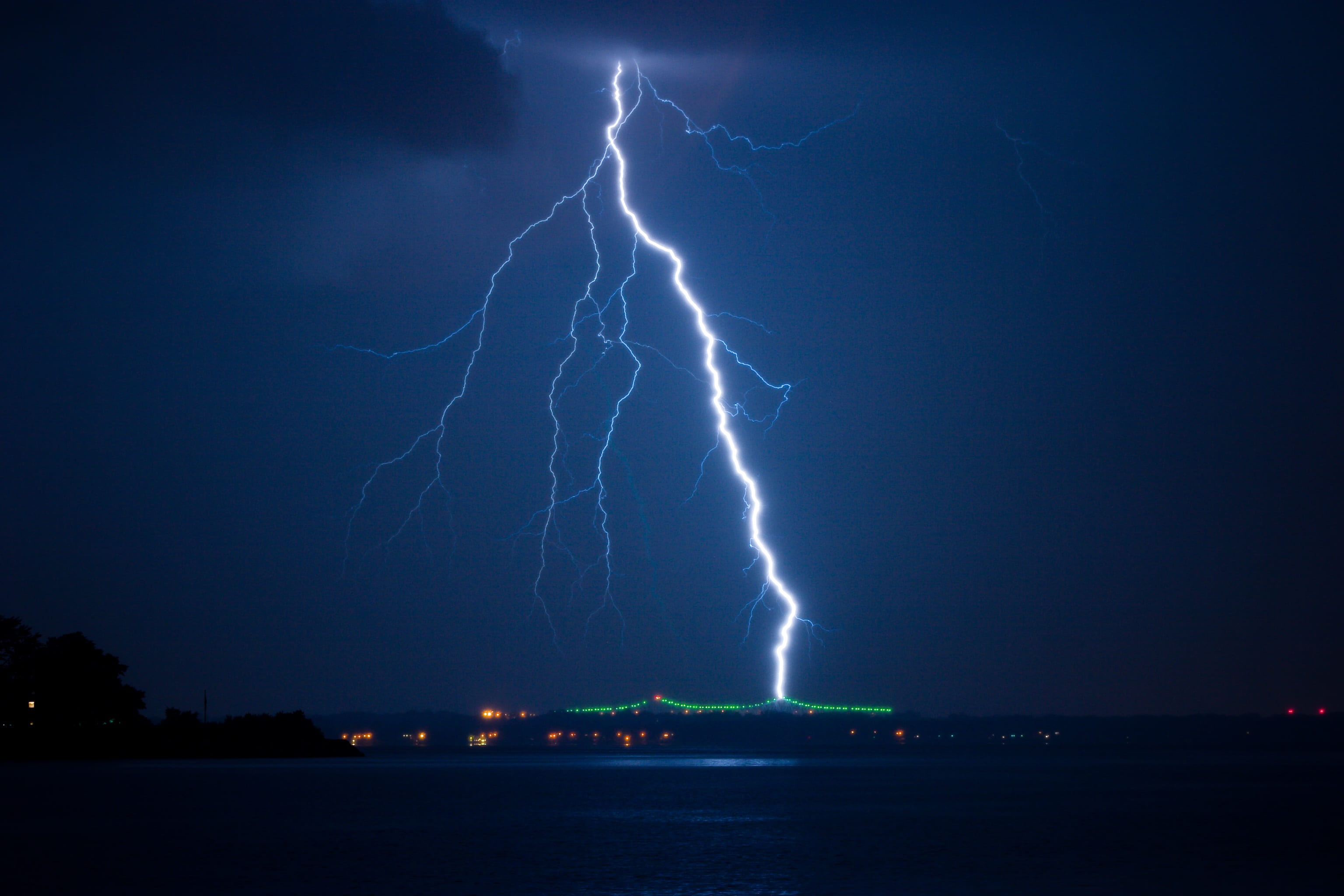 thunder, water, outdoors, bay, nature, aggression, weather, storm cloud, strike, sky, blue, body, night, electric, electricity, communication, light, warning sign, HD Wallpaper