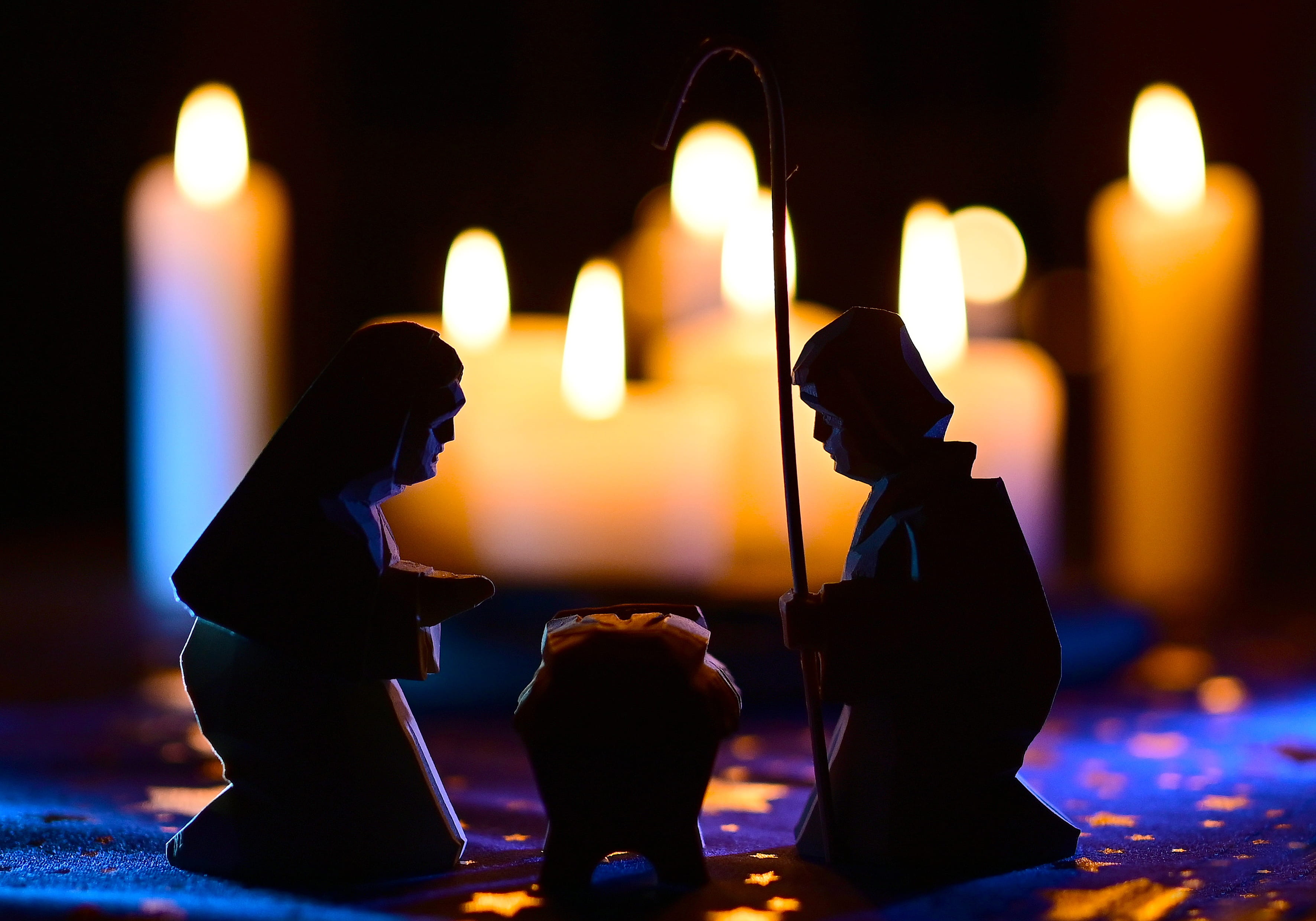 holy family, lighting equipment, illuminated, fire, figurine, nativity scene, art and craft, candle, celebration, focus on foreground, heat - temperature, HD Wallpaper