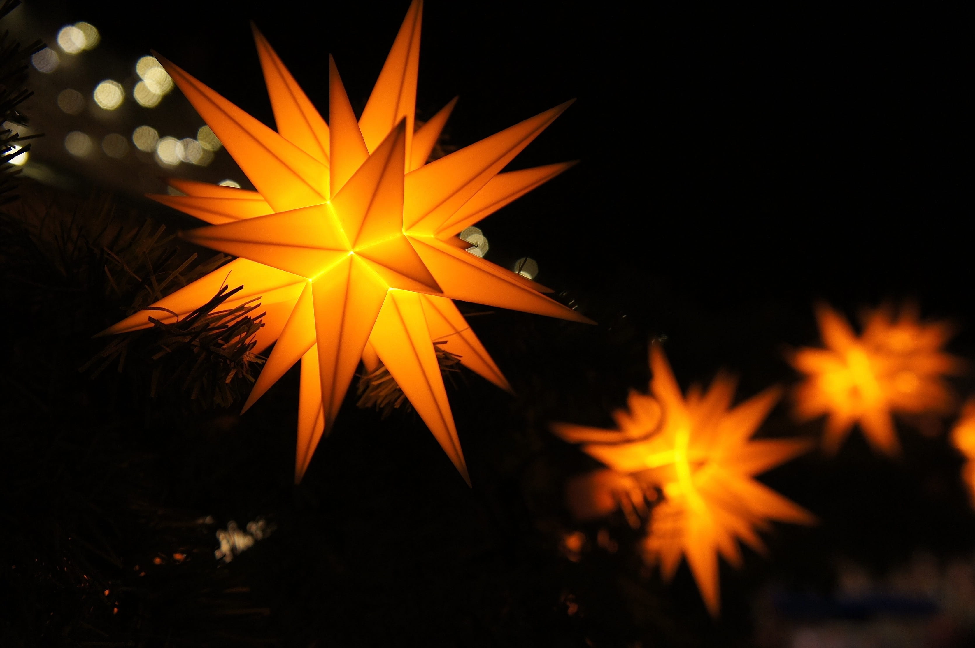 beauty in nature, star, heat - temperature, decor, nature, star shape, tree, advent, decoration, flame, lights, sunset, outdoors, christmas, christmas decoration, HD Wallpaper