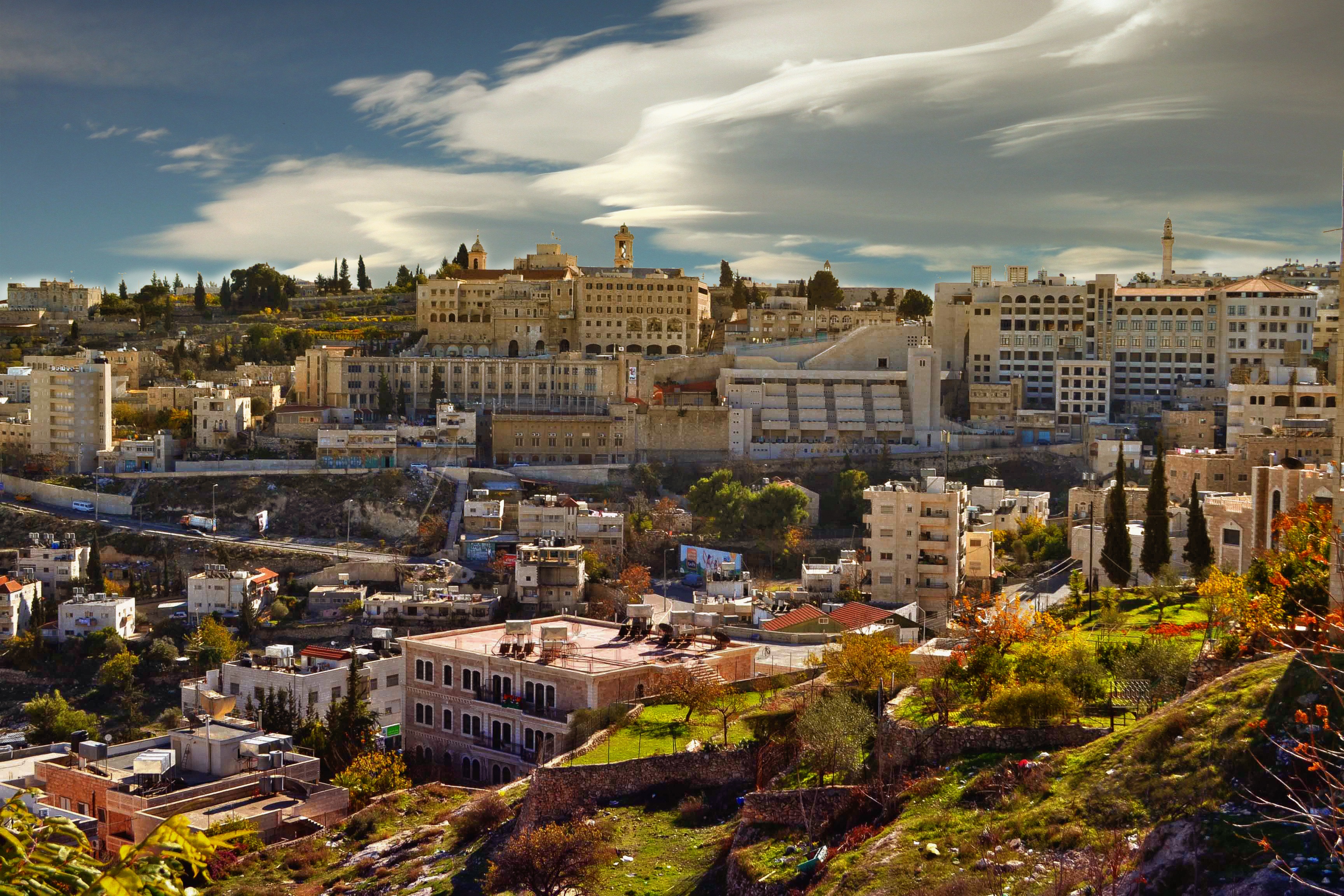 built structure, nature, hill, cloud - sky, residential district, photo, crowded, tree, building exterior, west bank, bethlehem, 2K, plant, day, architecture, HD Wallpaper