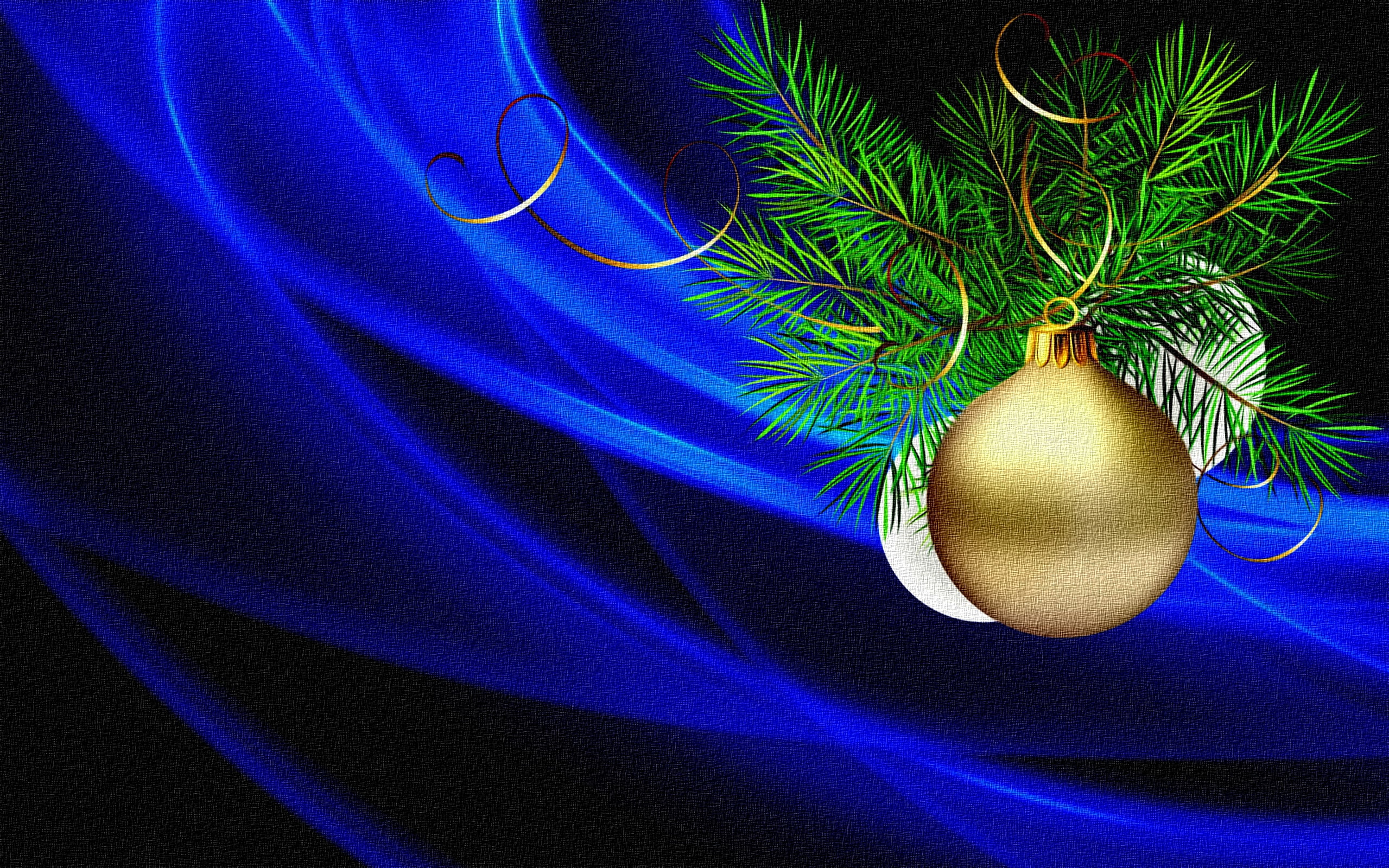 Golden curls, serpentine, light, New Year, figure, 1080P, acrylic paint, Christmas decorations, spruce branch, canvas, holiday, picture, blue background, HD Wallpaper