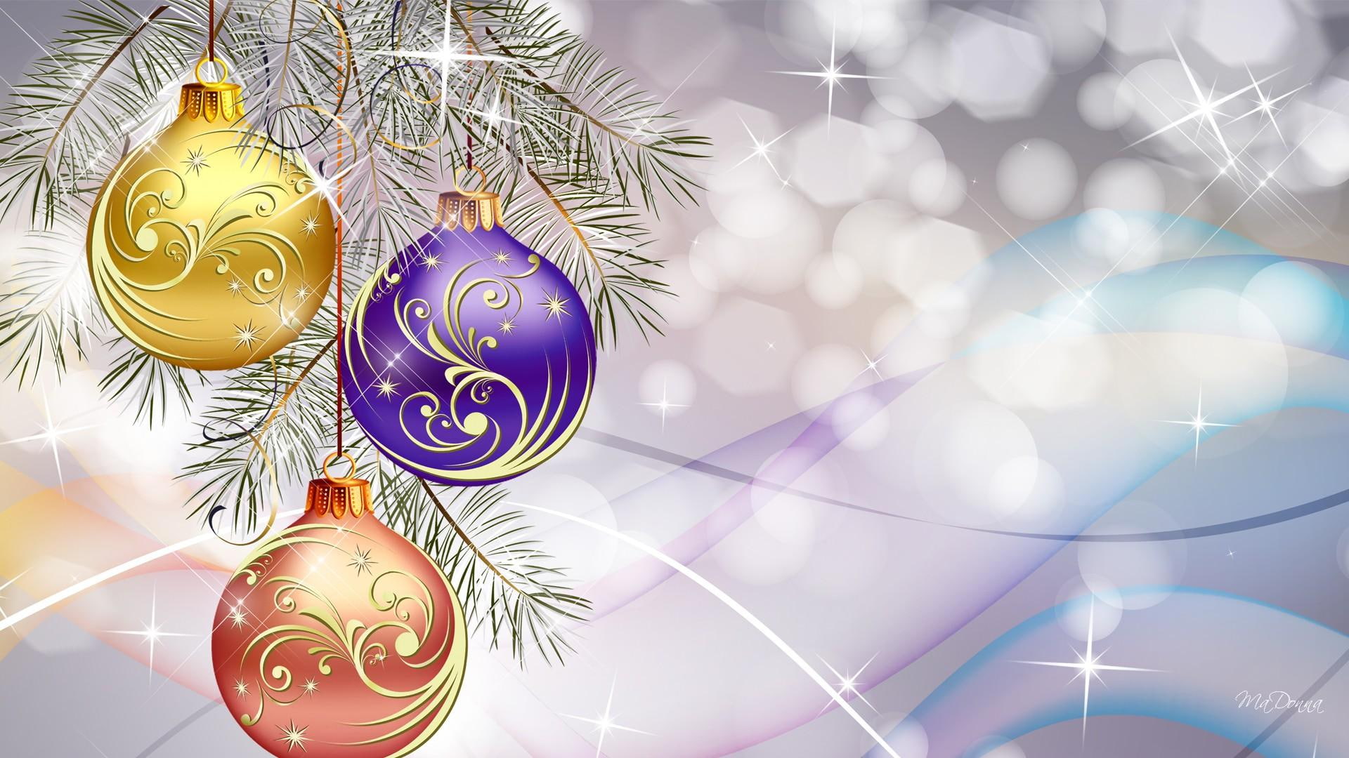 story, balls, pale, holiday, bokeh, pastel, 1080P, waves, christmas, stars, shiny, glitter, blue, decorations, HD Wallpaper