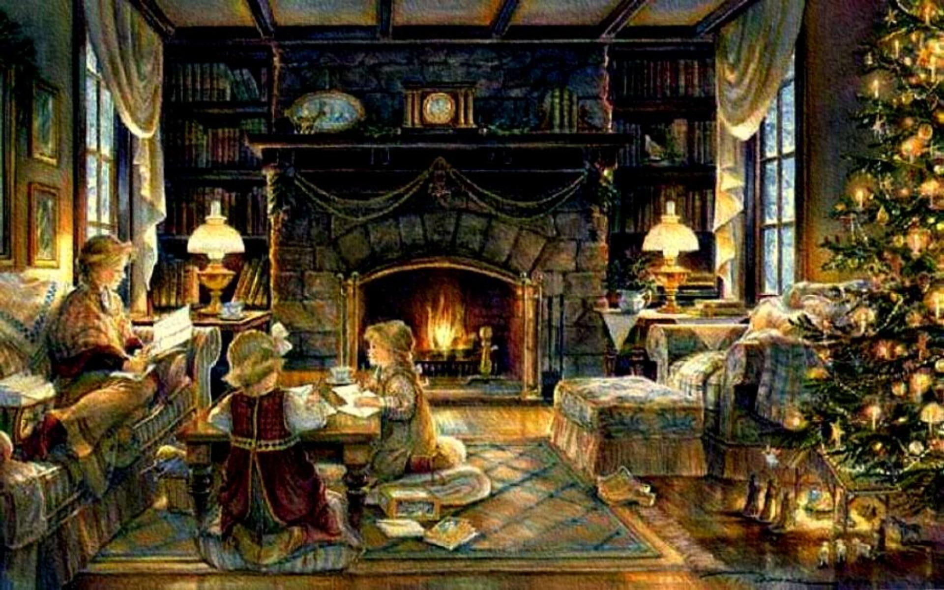 fireplace, story, room, holiday, chair, sofa, lamps, christmas, fire, book, christmas tree, 3d and abstract, 1080P, HD Wallpaper