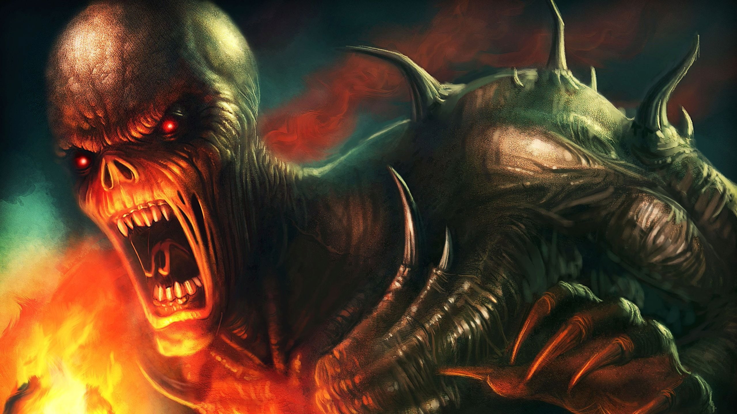 2K, doom, Dark, focus on foreground, sunlight, skull, 4, sci, Fighting, group of animals, pets, action, close-up, monster, animal, Fps, no people, nature, HD Wallpaper