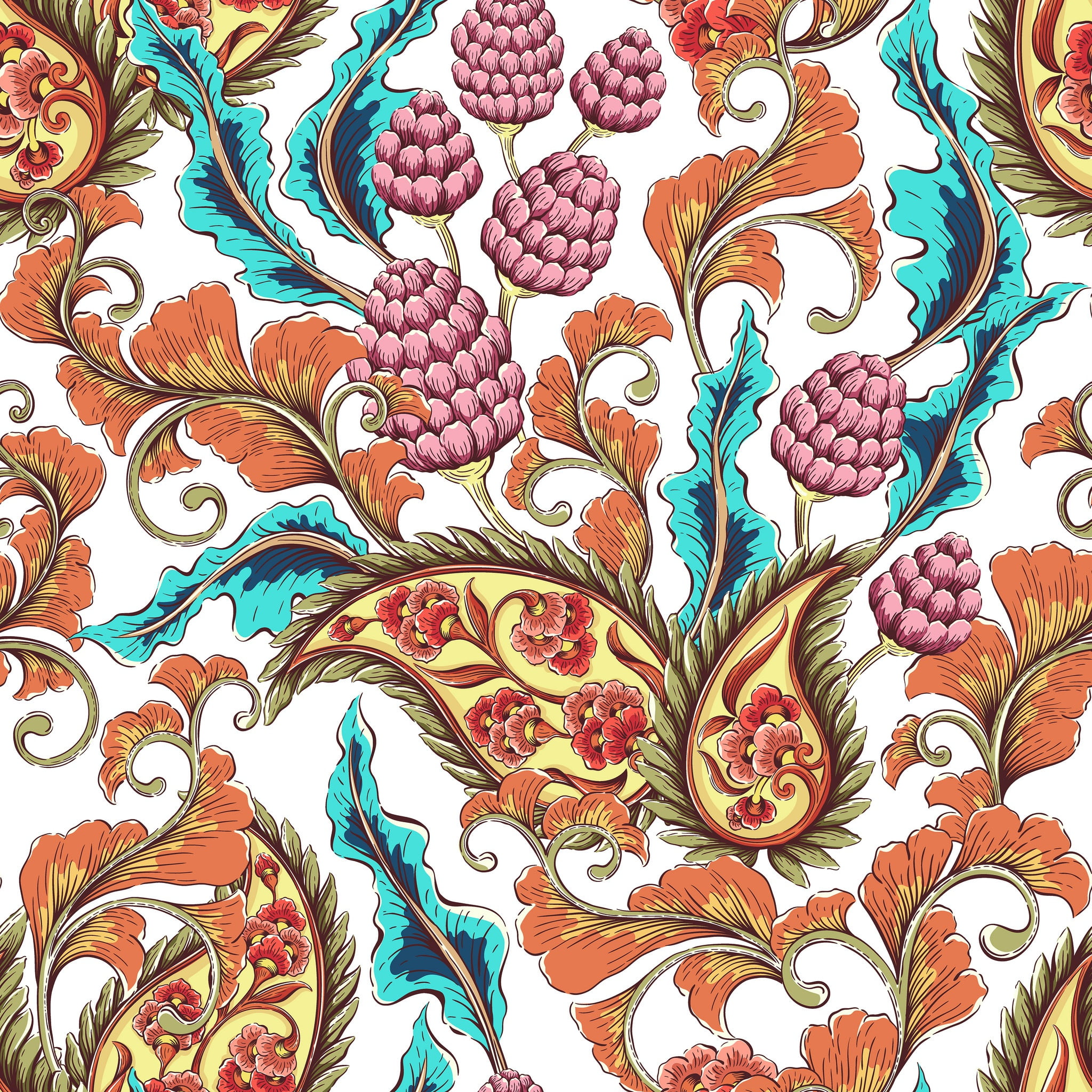 texture, 1080P, pattern, flowers, Paisley, white background, Phone HD Wallpaper