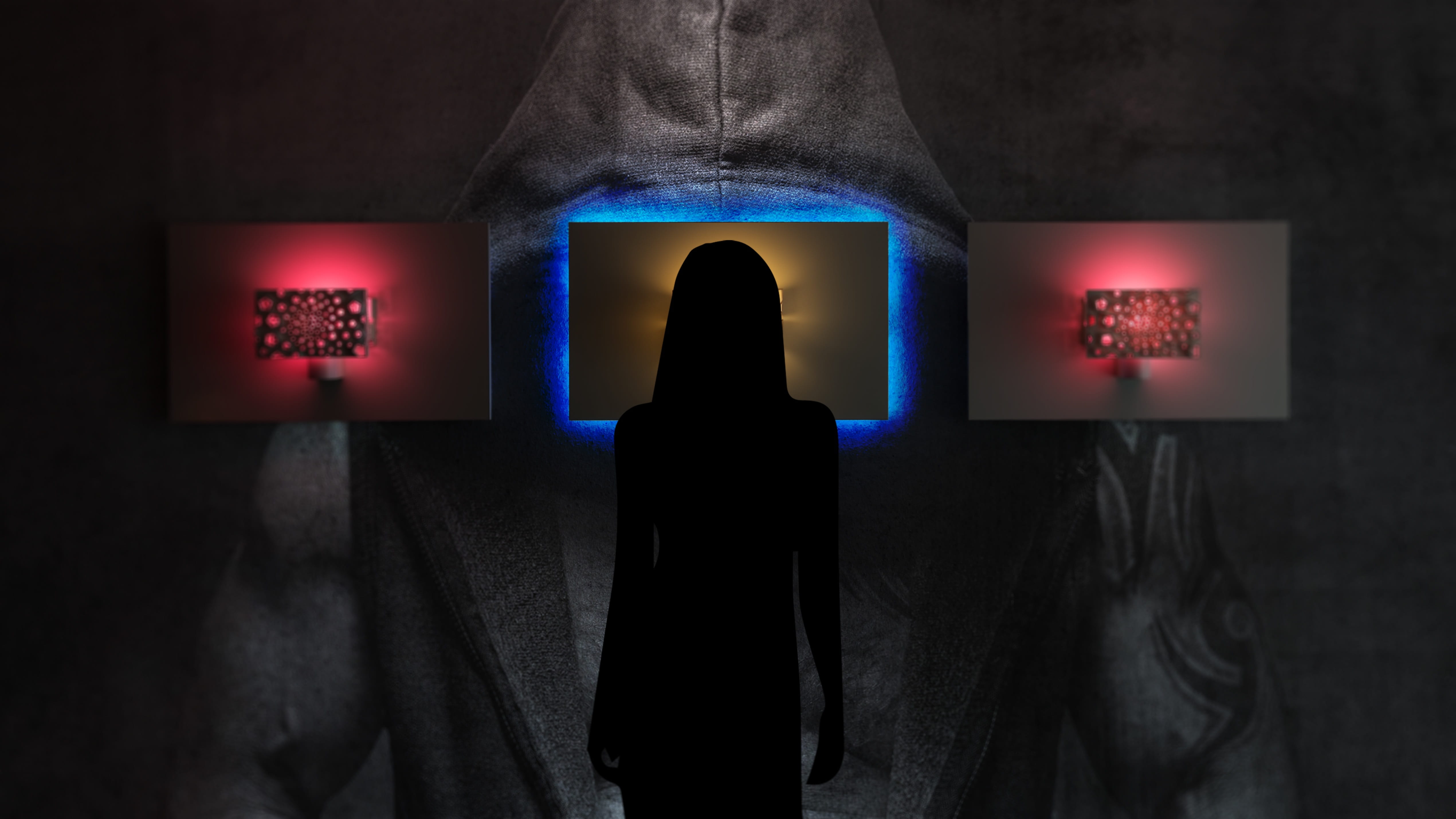3d printer, unrecognizable person, one person, lamps, wall - building feature, indoors, sign, artwork, golden-cut, wall lamps, hue, 4K, illuminated, sacred geometry, HD Wallpaper
