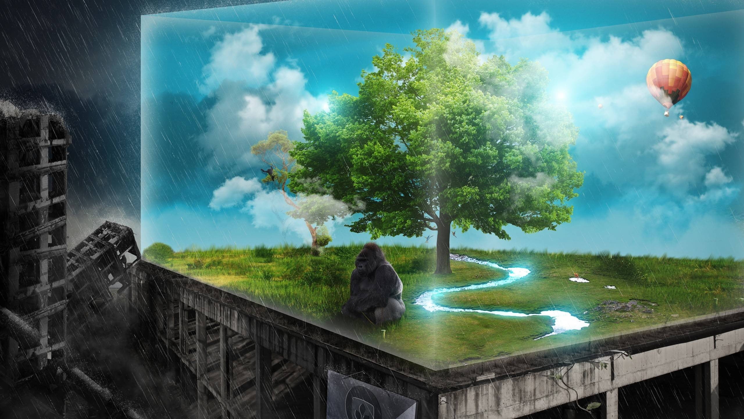 trees, plant, digital, outdoors, water, one person, sad, green color, built structure, sky, digital art, digital composite, 2K, architecture, transportation, HD Wallpaper
