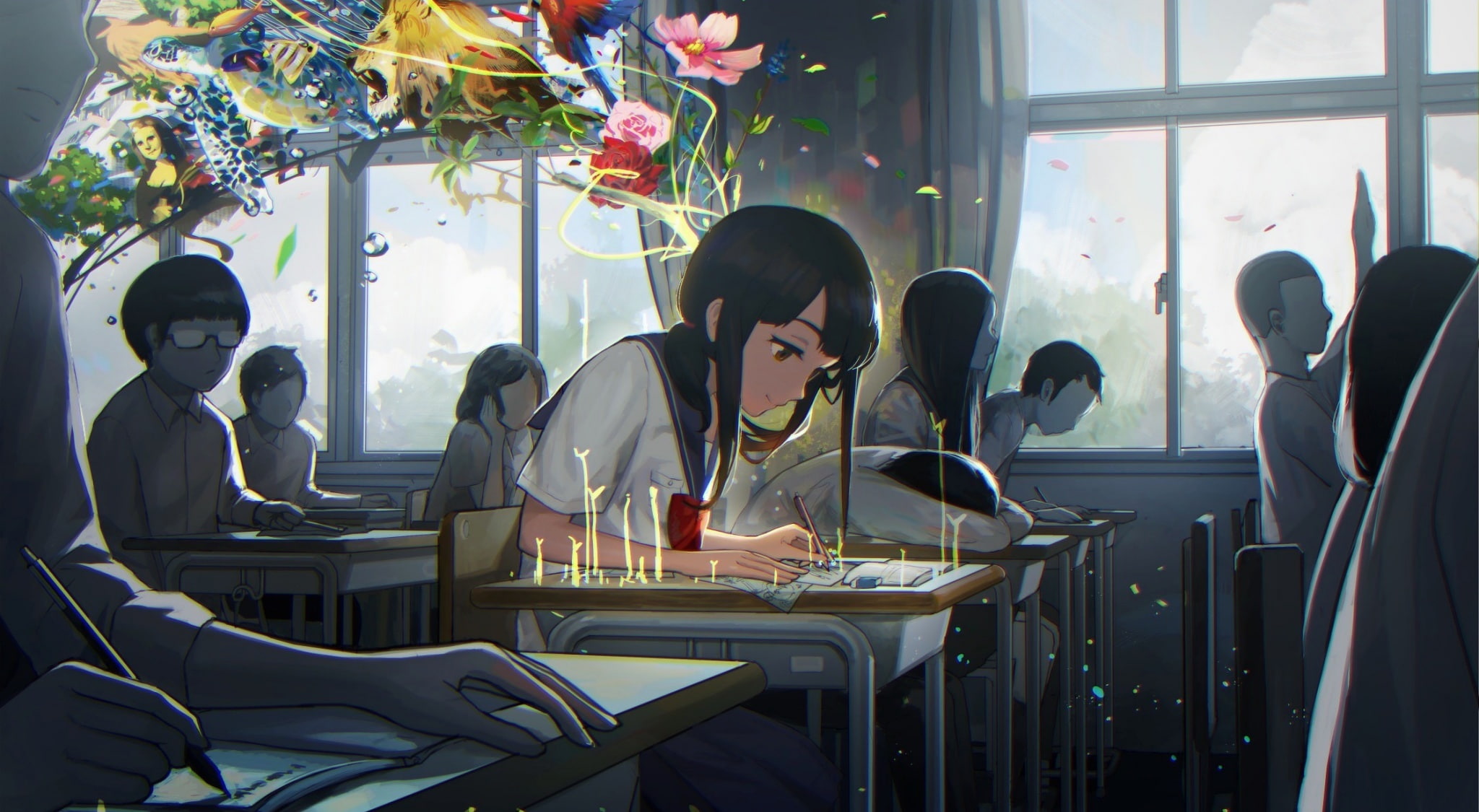 School, women, group of people, Anime, young women, 1080P, sitting, Imagination, adult, casual clothing, indoors, day, students, furniture, three quarter length, HD Wallpaper