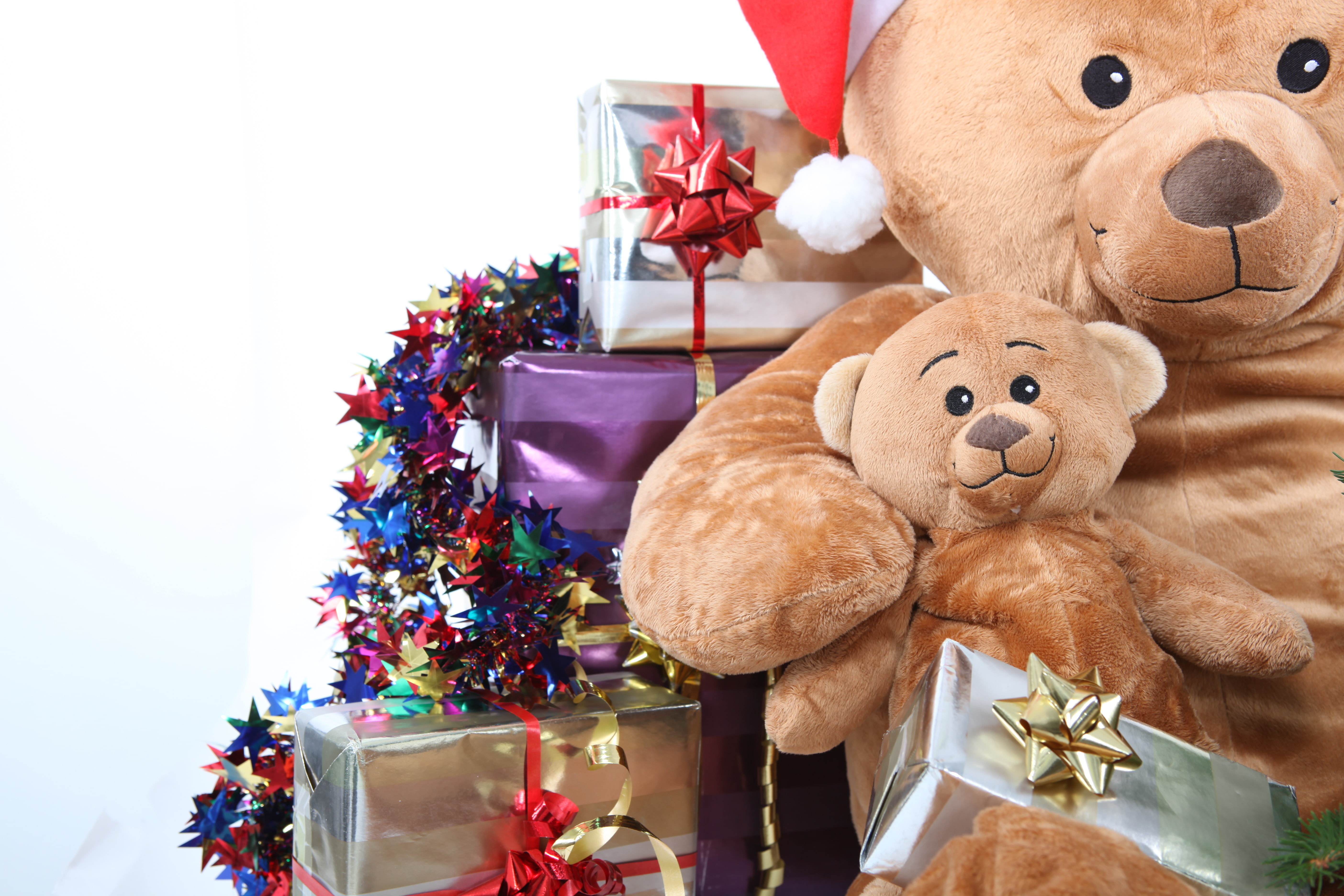 5K, plush, toys, brown, holiday, two, bear, gifts, box, Christmas, new year, bow, garland, HD Wallpaper