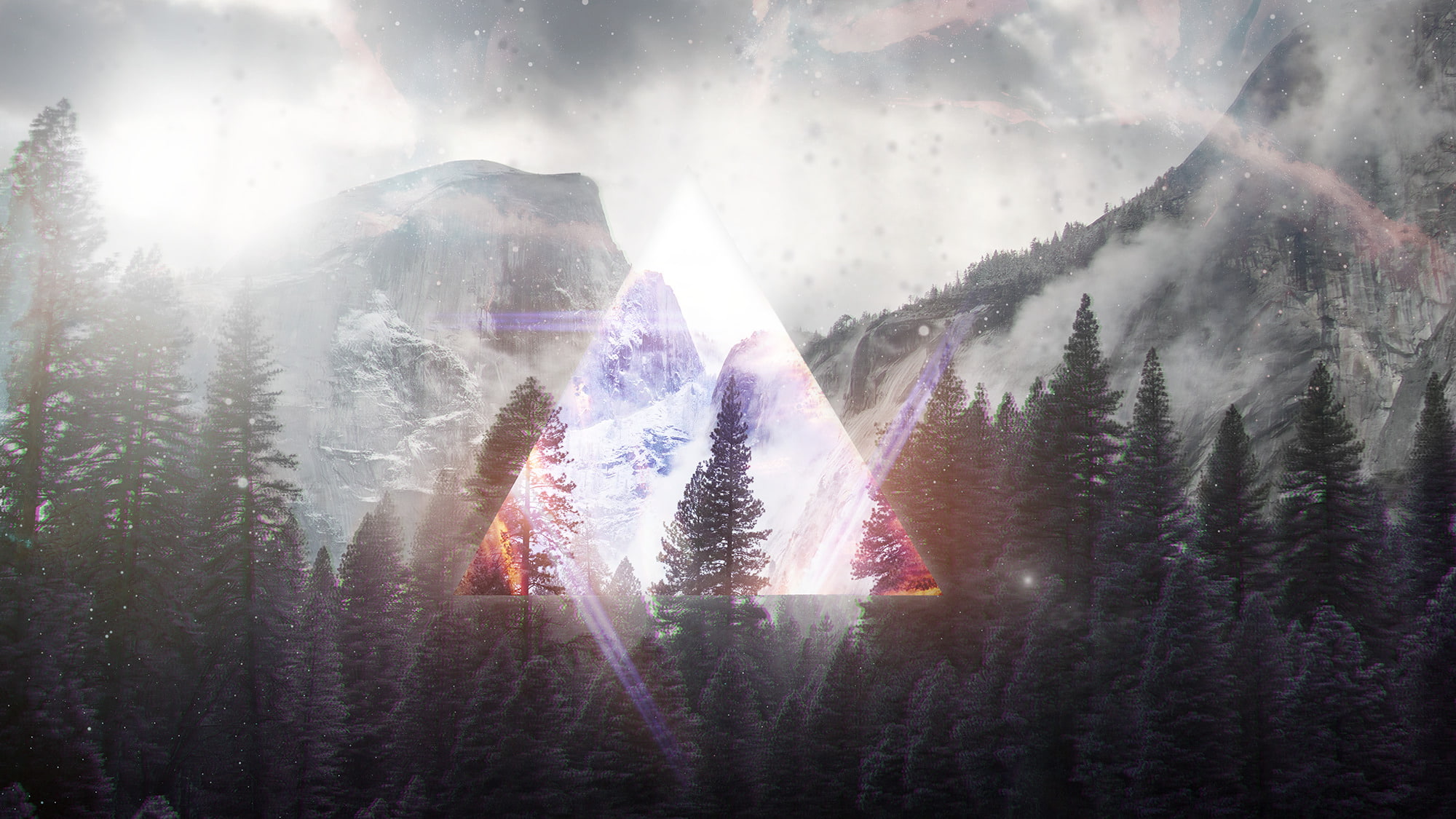 environment, beauty in nature, winter, pine woodland, plant, sunlight, coniferous tree, snowing, land, tree, nature, adult, outdoors, abstract glitch art trippy triangle nature lights natural lighting photoshopped landscape stars dark fantasy, HD Wallpaper