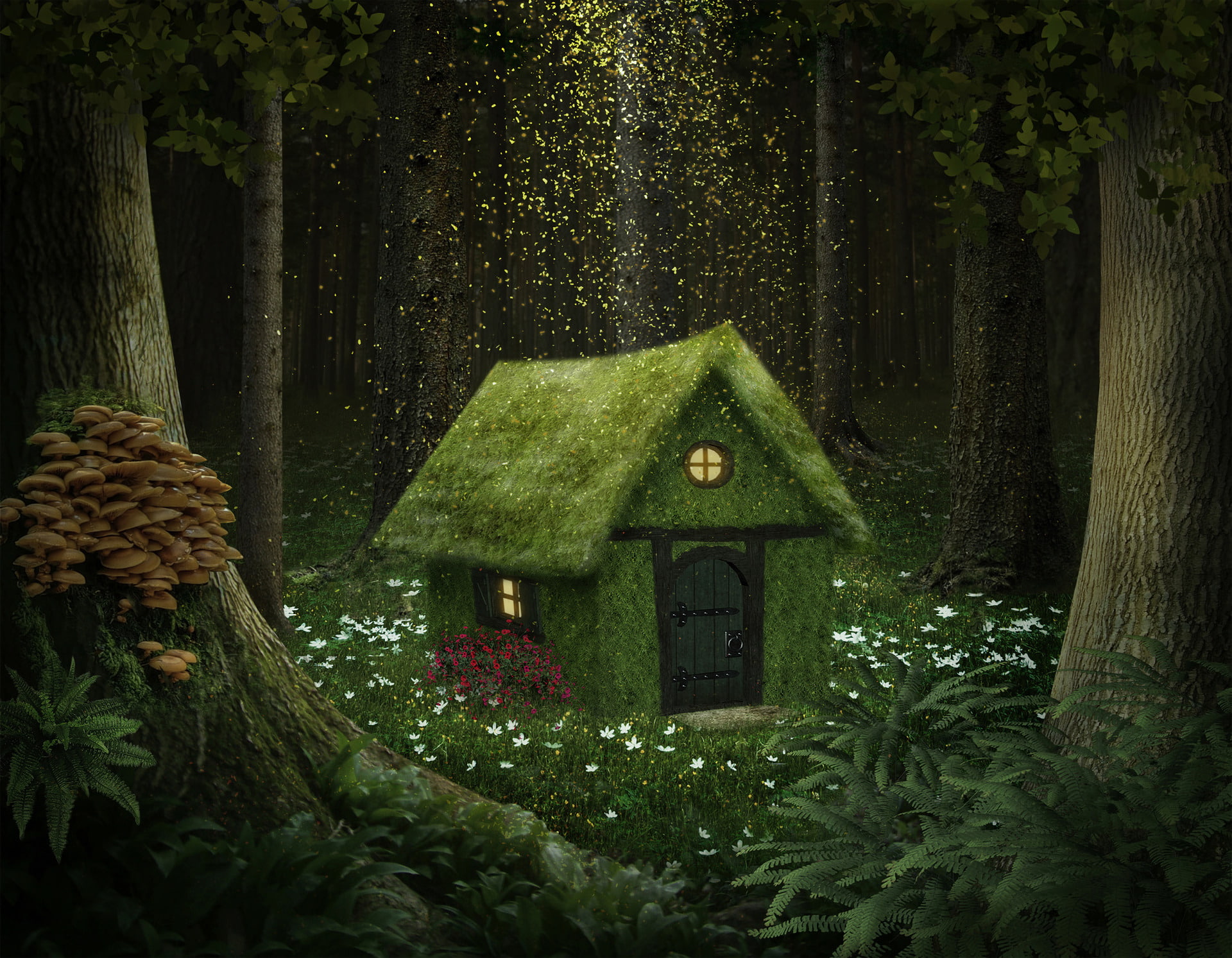 1080P, Fantasy, Artistic, Flower, Forest, Mushroom, Green, House, HD Wallpaper