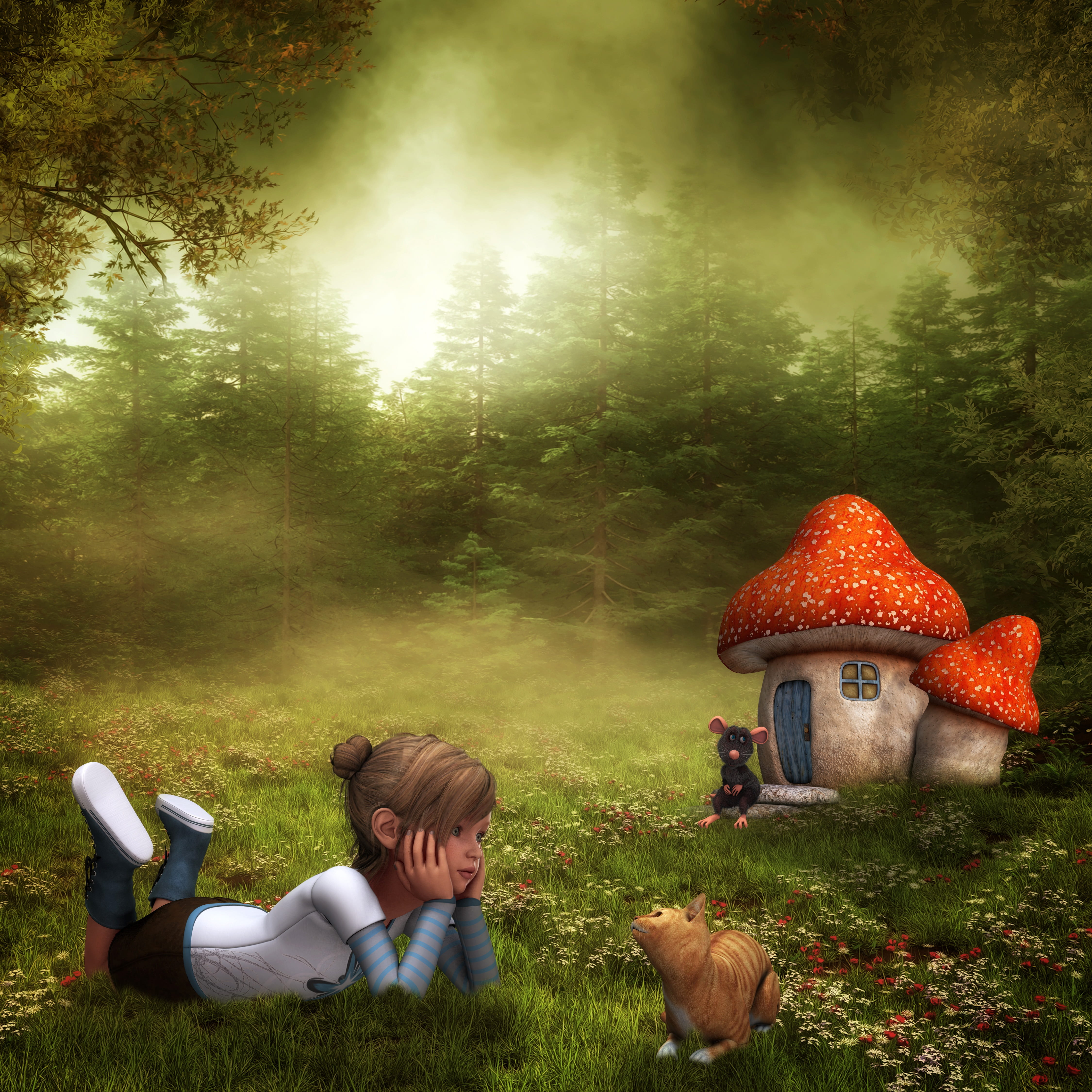 glade, innocence, top, males, tree, girl, mouse, plant, mammal, lifestyles, domestic animals, anime, domestic, grass, one animal, one person, land, mushroom house, Phone HD Wallpaper