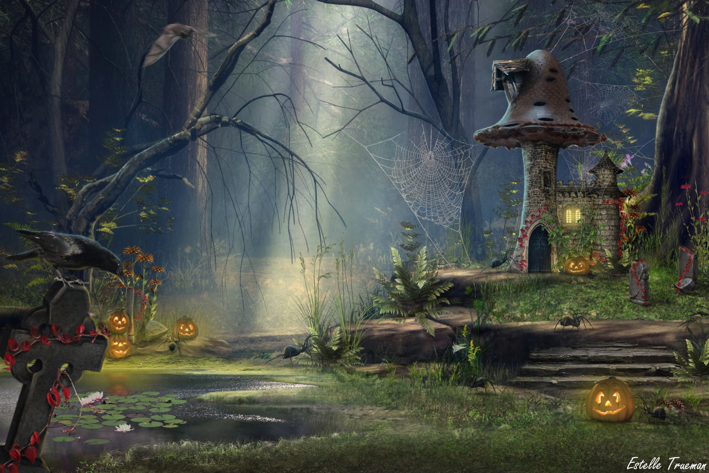 web, 1080P, house, pumpkin, mushrooms, forest, HD Wallpaper
