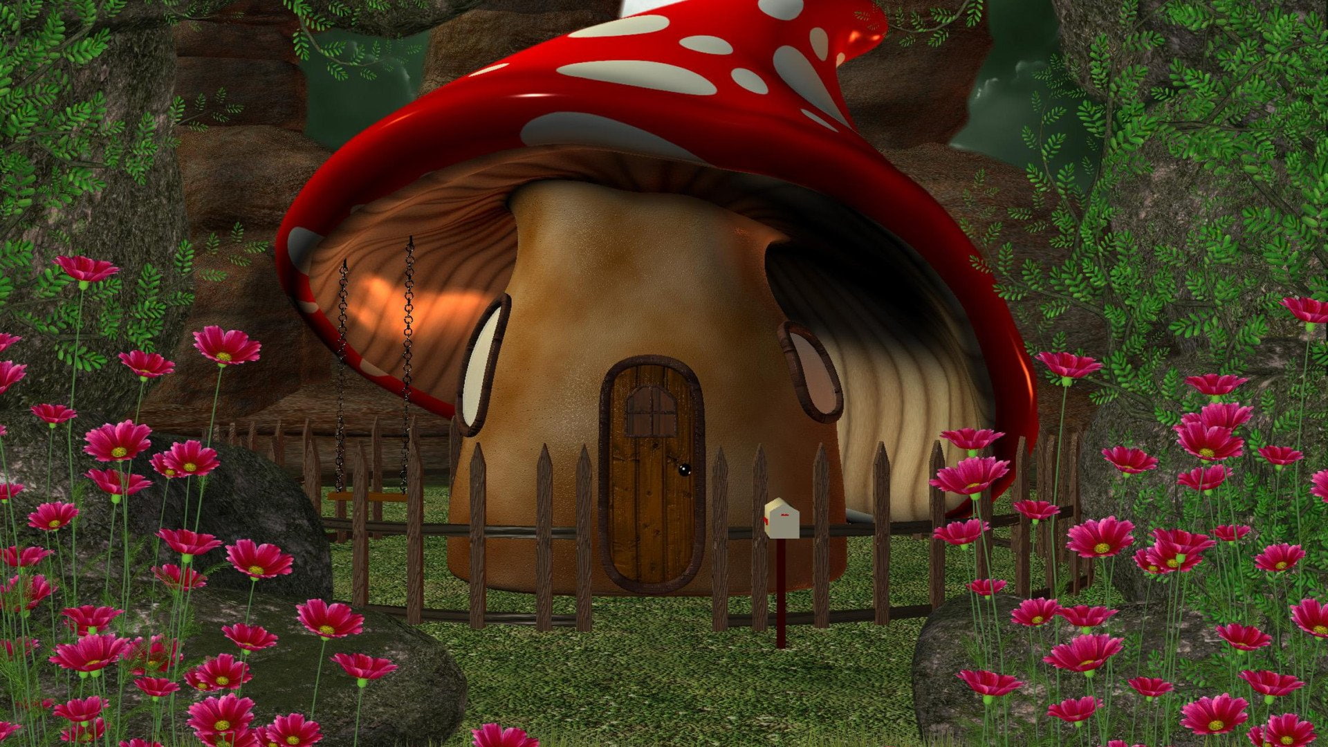 Fantasy, Forest, House, Flower, Mushroom, 1080P, HD Wallpaper