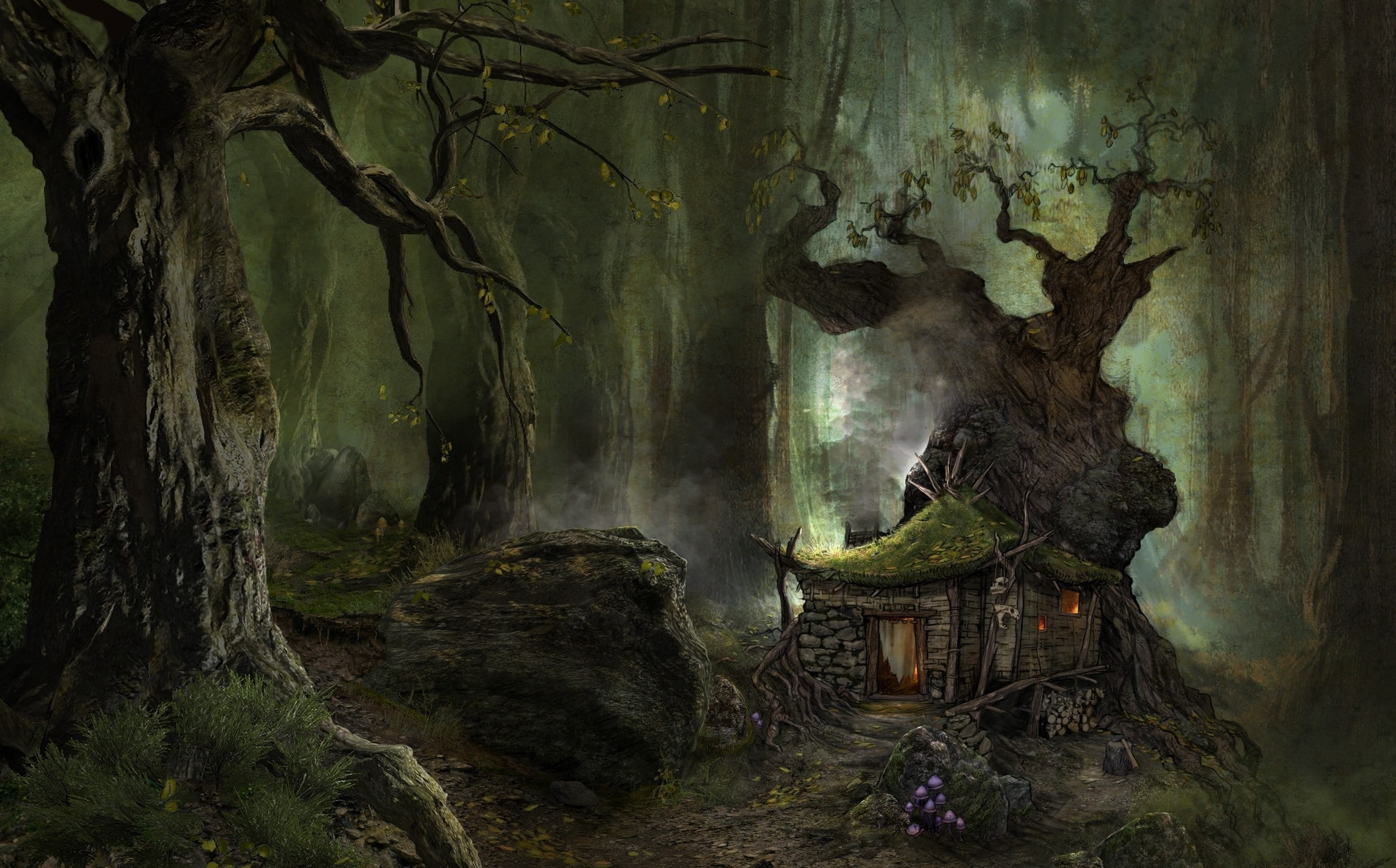 digital art, wood, mist, mushroom, skull, forest, Trees, rock, house, 1080P, fantasy Art, nature, Stone, creepy, HD Wallpaper