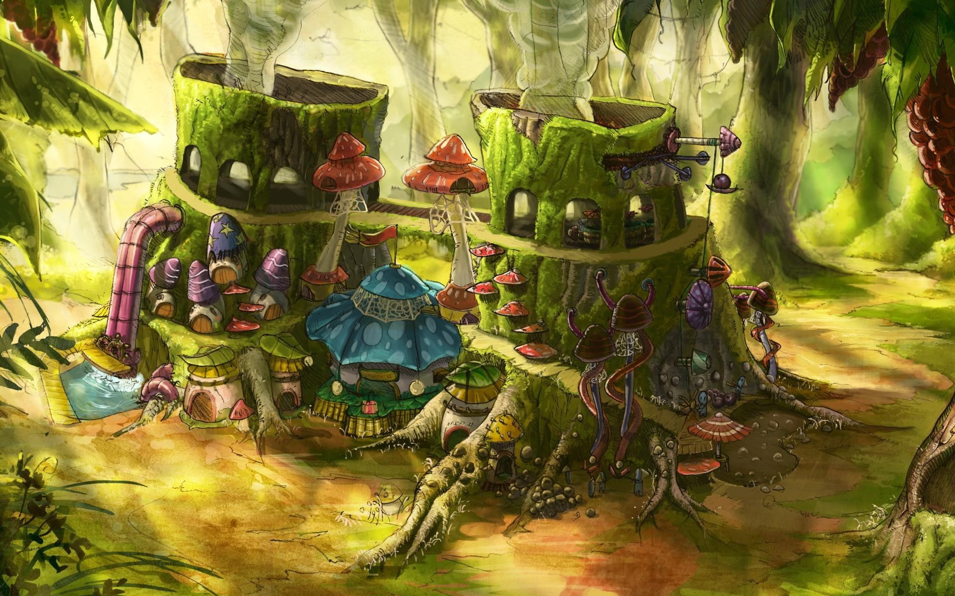 1080P, fantasy art digital art house mushroom tree stump trees smoke pipes leaves forest moss plants, HD Wallpaper