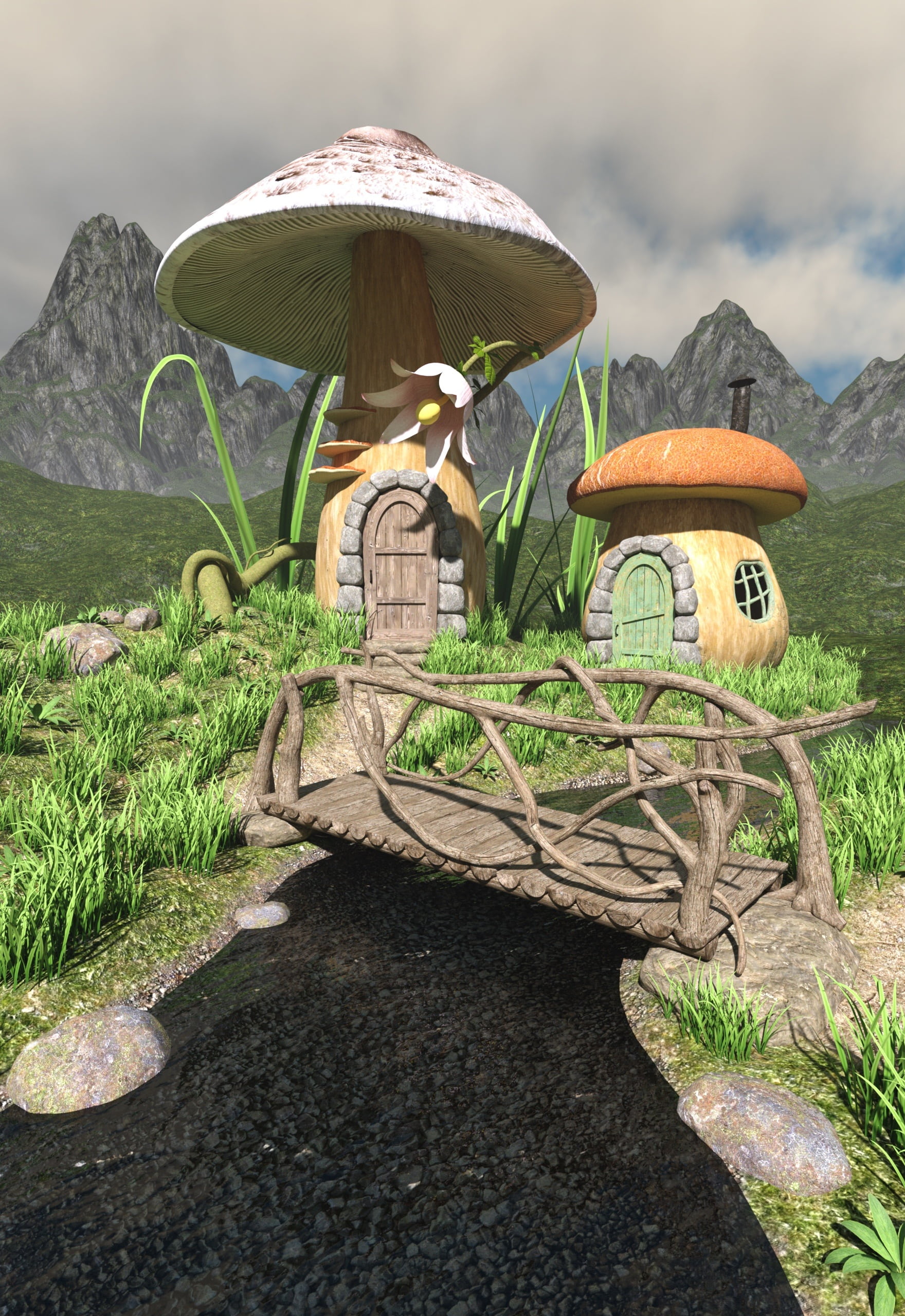 mountain, mushrooms, houses, animation, nature, day, mountain range, 2K, bach, bridge, grass, no people, beauty in nature, mushroom, outdoors, gondola - traditional boat, Phone HD Wallpaper