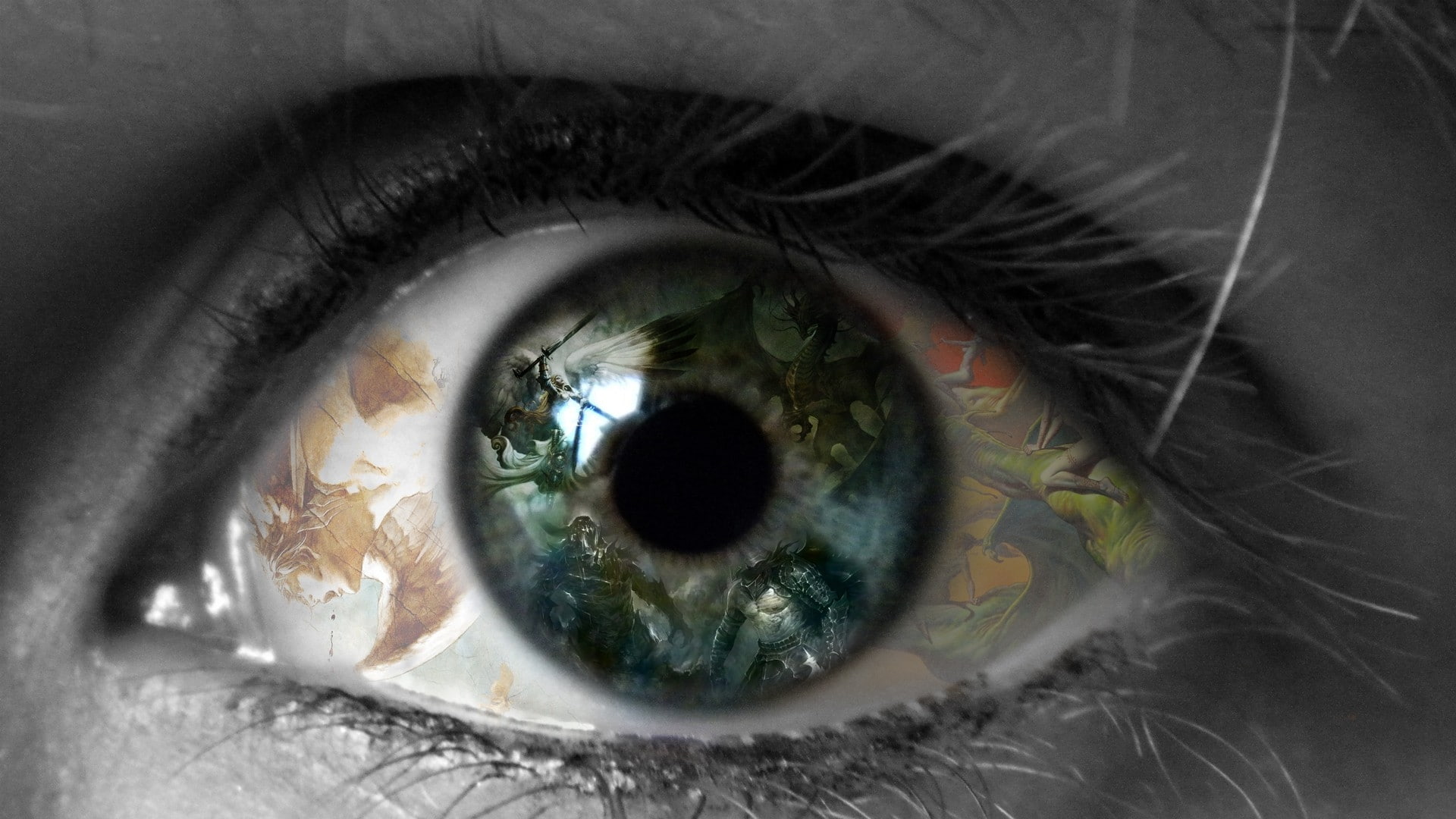 colors, multicolor, fantasy, magic: the gathering, imagination, gray, magic, 1080P, eyes, dragons, giant, abstract, hd, art, gathering, eye, monsters, HD Wallpaper