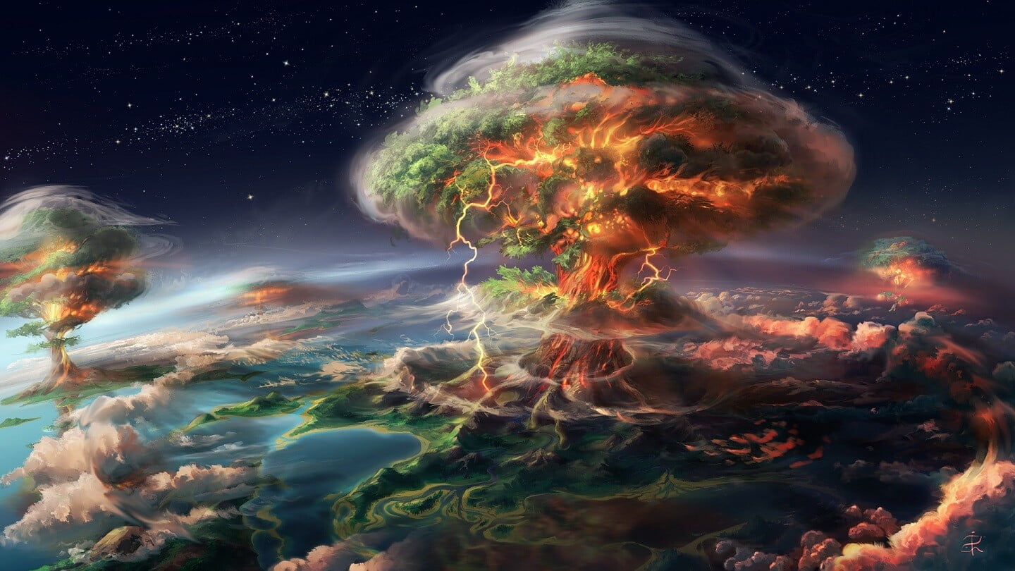 surreal, trees, lightning, Terraform, Alex Rommel, 720P, digital art, HD Wallpaper