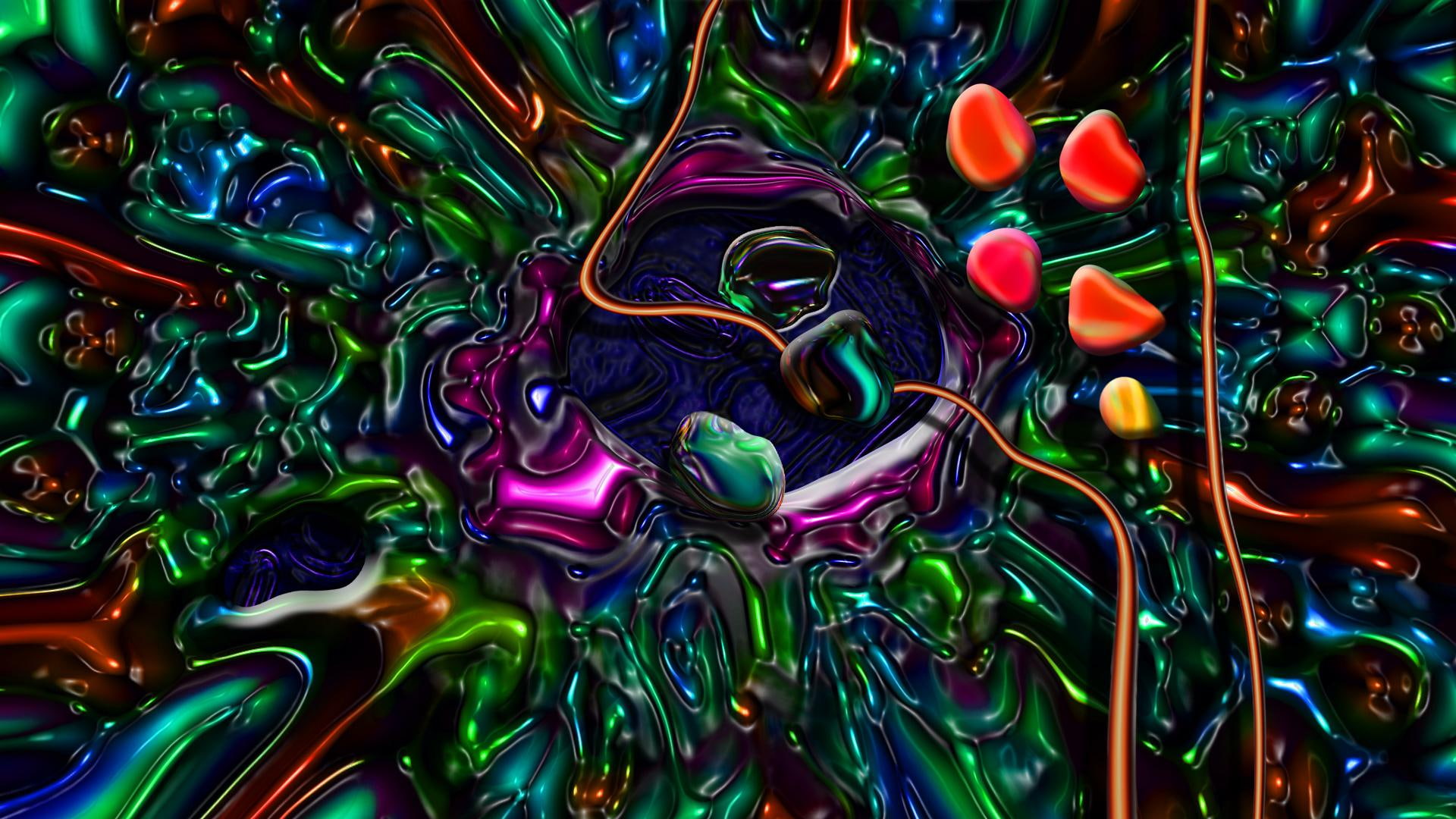 purple, blue, 3d and abstract, shapes, psychedelic, smooth, green, colors, graphics, orange, curves, 1080P, abstract, HD Wallpaper