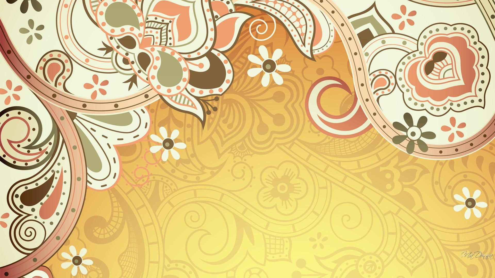 floral, elaborate, gold, baroque, brown, flowers, 1080P, golden, vintage, byzatine, intricate, swirls, hearts, HD Wallpaper