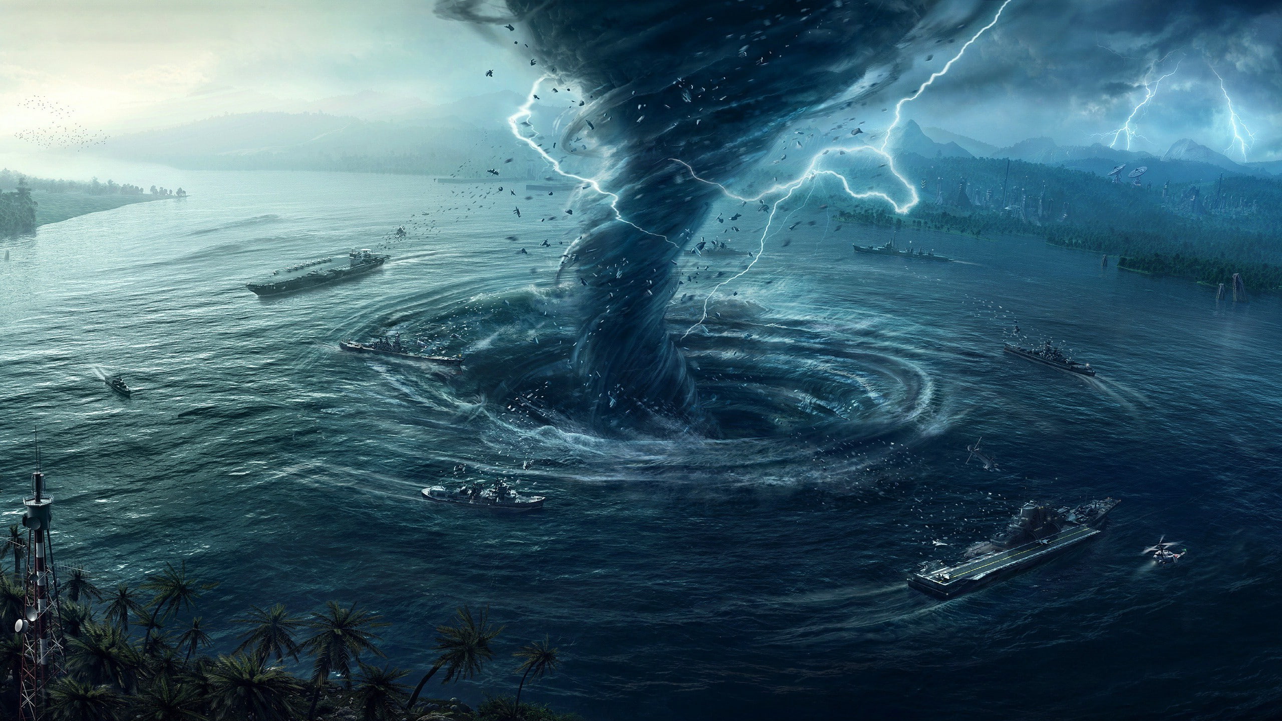 nature, Palm Trees, storm, Satellite, digital art, Lightning, Whirling, Tornado, Aircraft Carrier, water, forest, apocalyptic, aircraft, Birds Eye View, HD Wallpaper