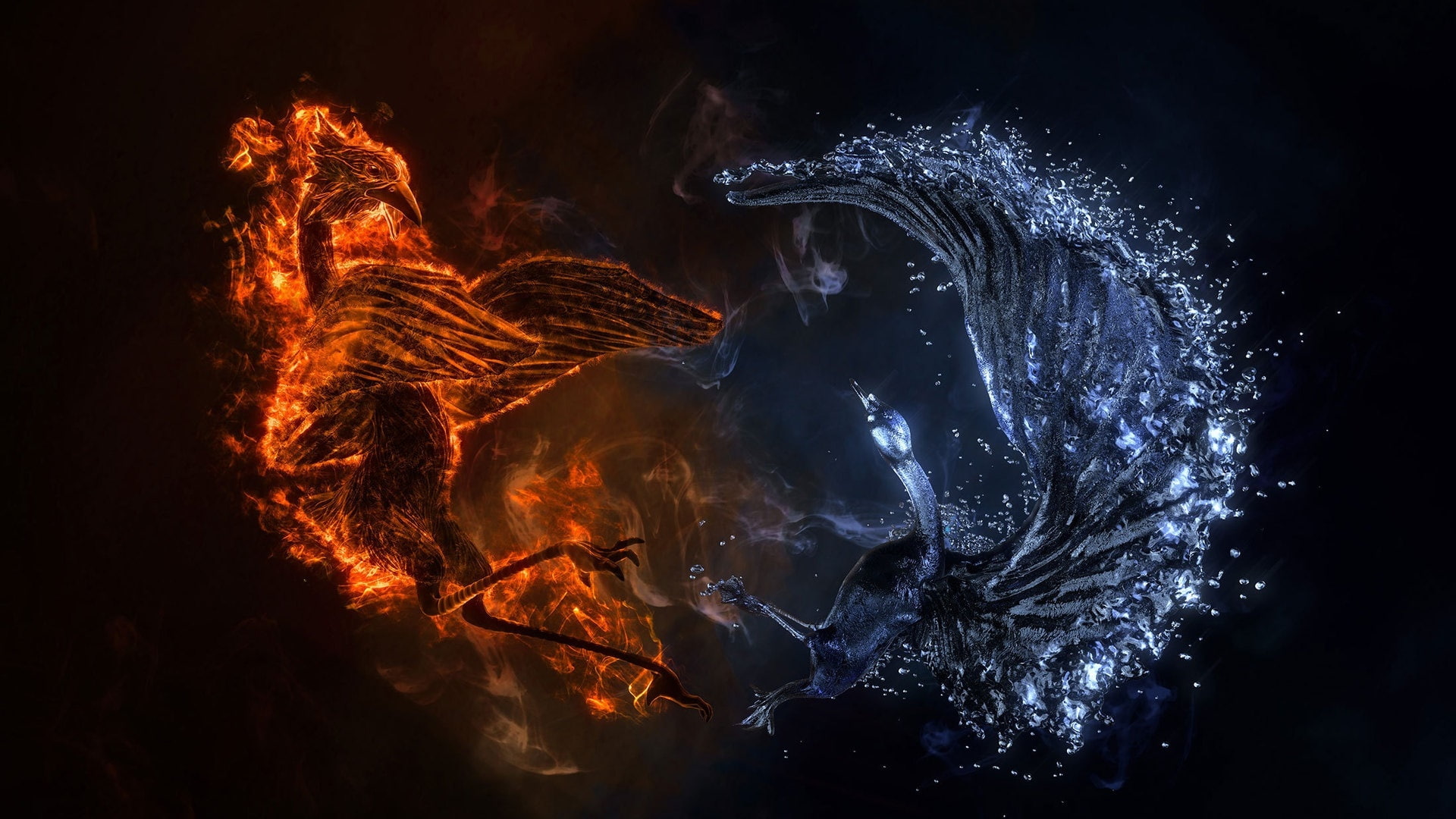 yin yang, digital art, fantasy art, fire, 1080P, imagination, darkness, dragon, yin and yang, water, night, flame, HD Wallpaper
