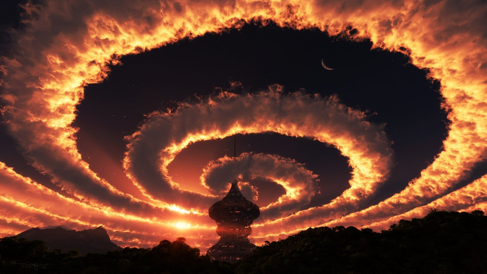 one person, sky, 720P, motion, night, abstract, fire, burning, science fiction, nature, twist, sunset, mountain, trees, heat - temperature, exploding, HD Wallpaper