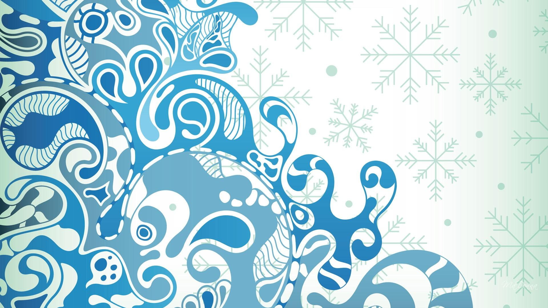 snowflakes, abstract, teal, green, blue, white, wave, firefox persona, 1080P, floral, 3d and abstract, winter, HD Wallpaper