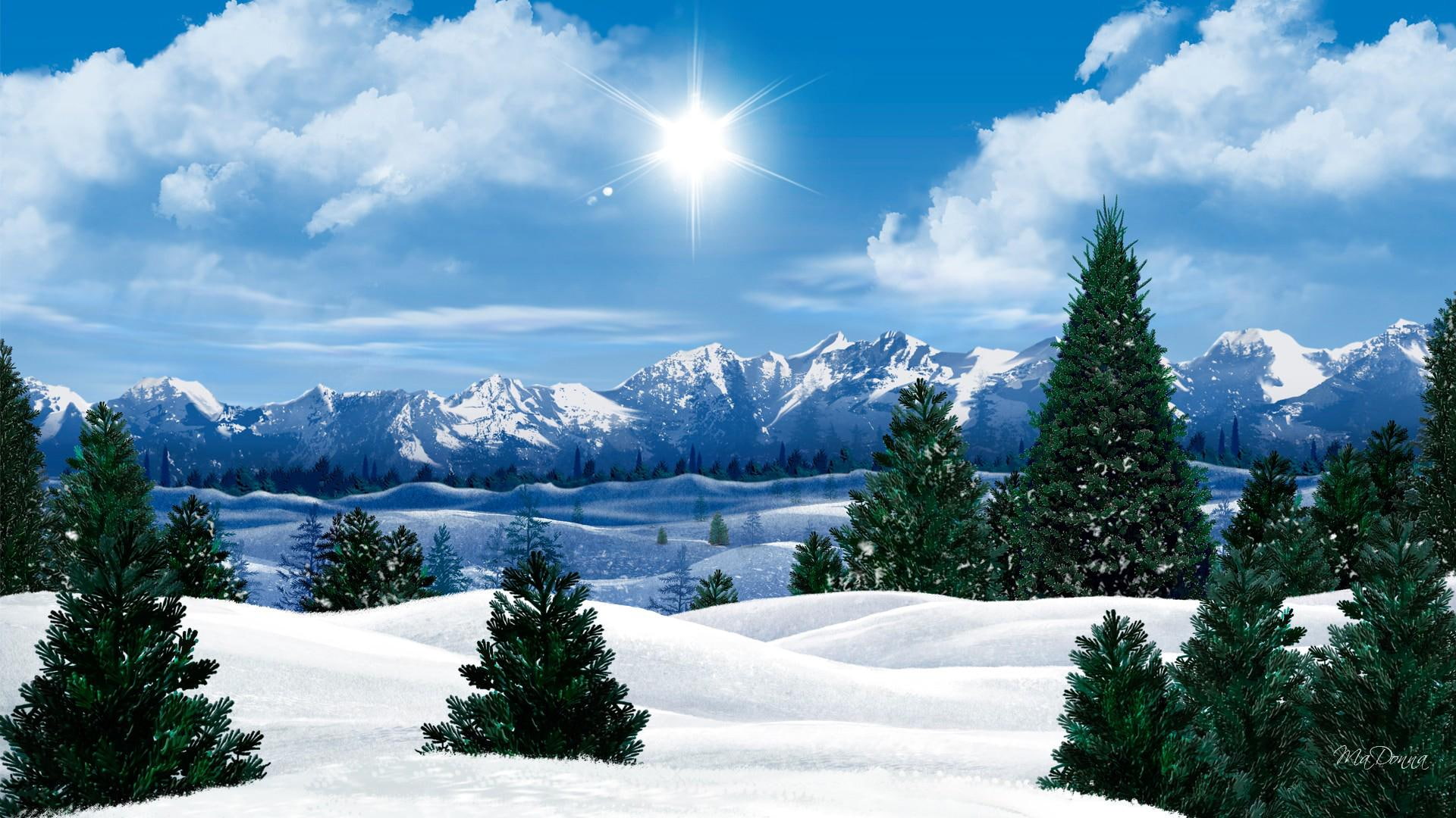 sun, christmas, winter, 3d and abstract, snow, capped, trees, 1080P, cold, mountains, mountain, firefox persona, morning, HD Wallpaper