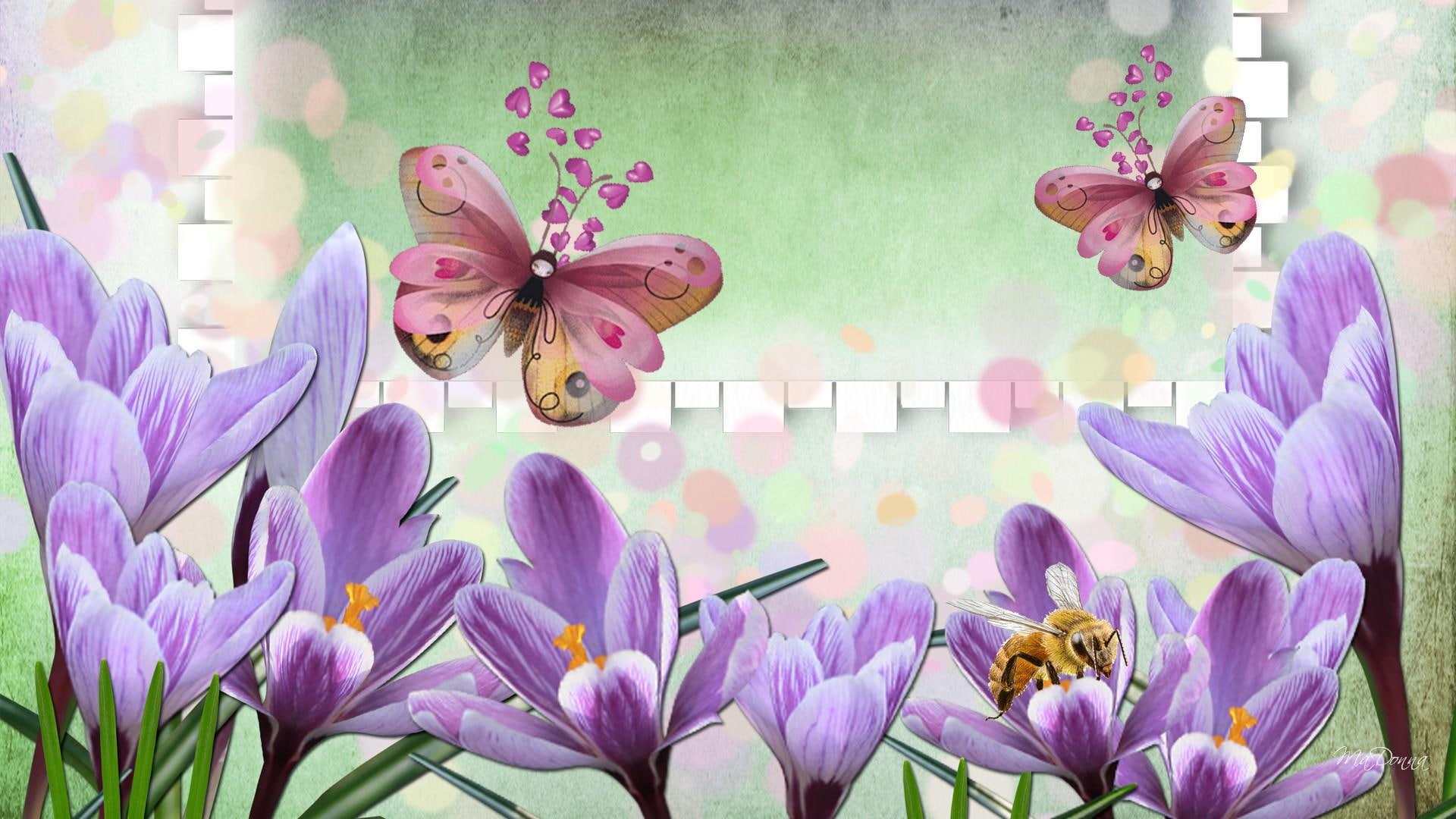 flowers, spring, crocus, blooms, 1080P, blossoms, green, butterfly, nature and landscapes, lady, summer, abstract, HD Wallpaper