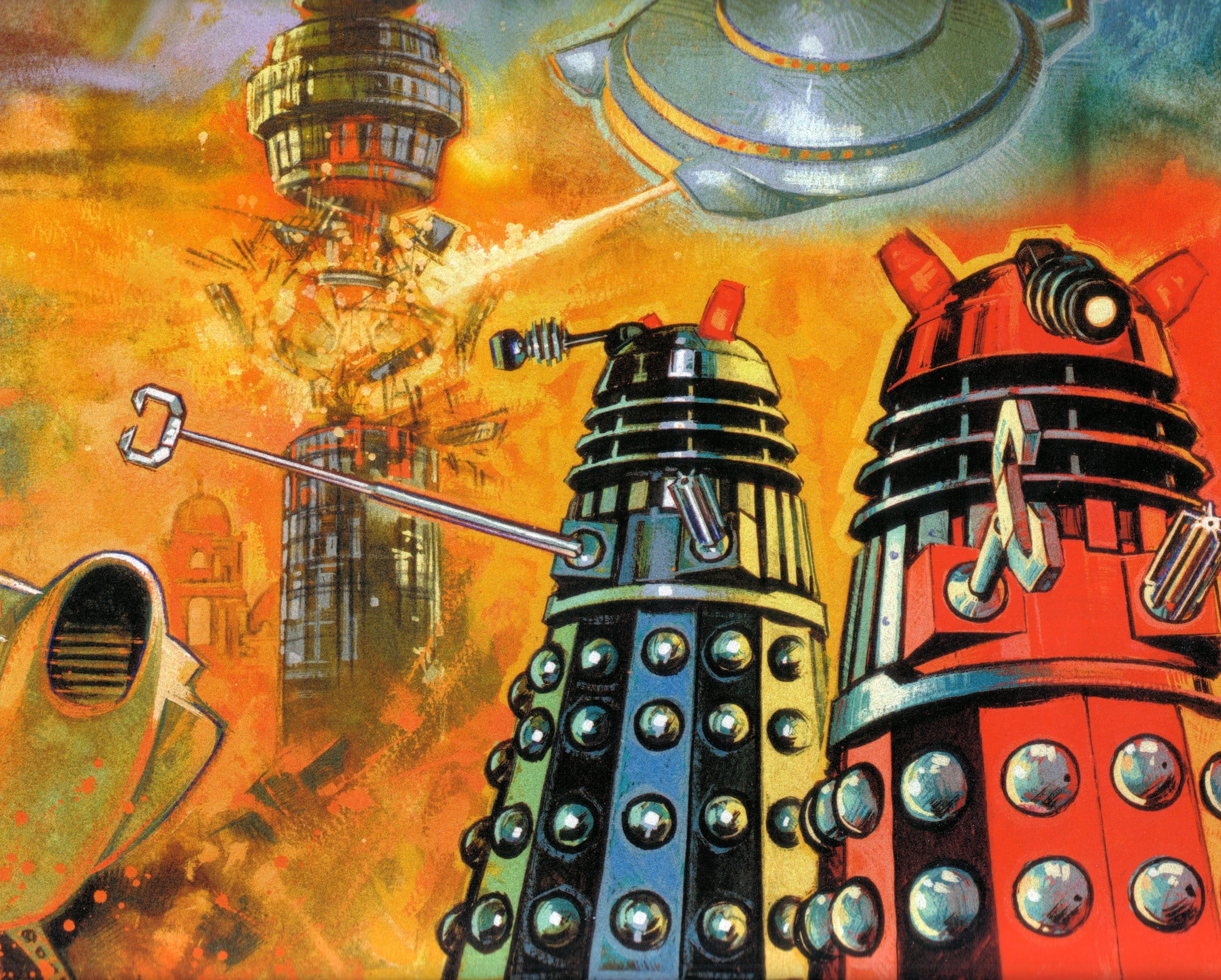 human representation, orange color, art and craft, full frame, no people, multi colored, still life, yellow, machine, 1080P, tattoo, Daleks, day, Doctor Who, HD Wallpaper