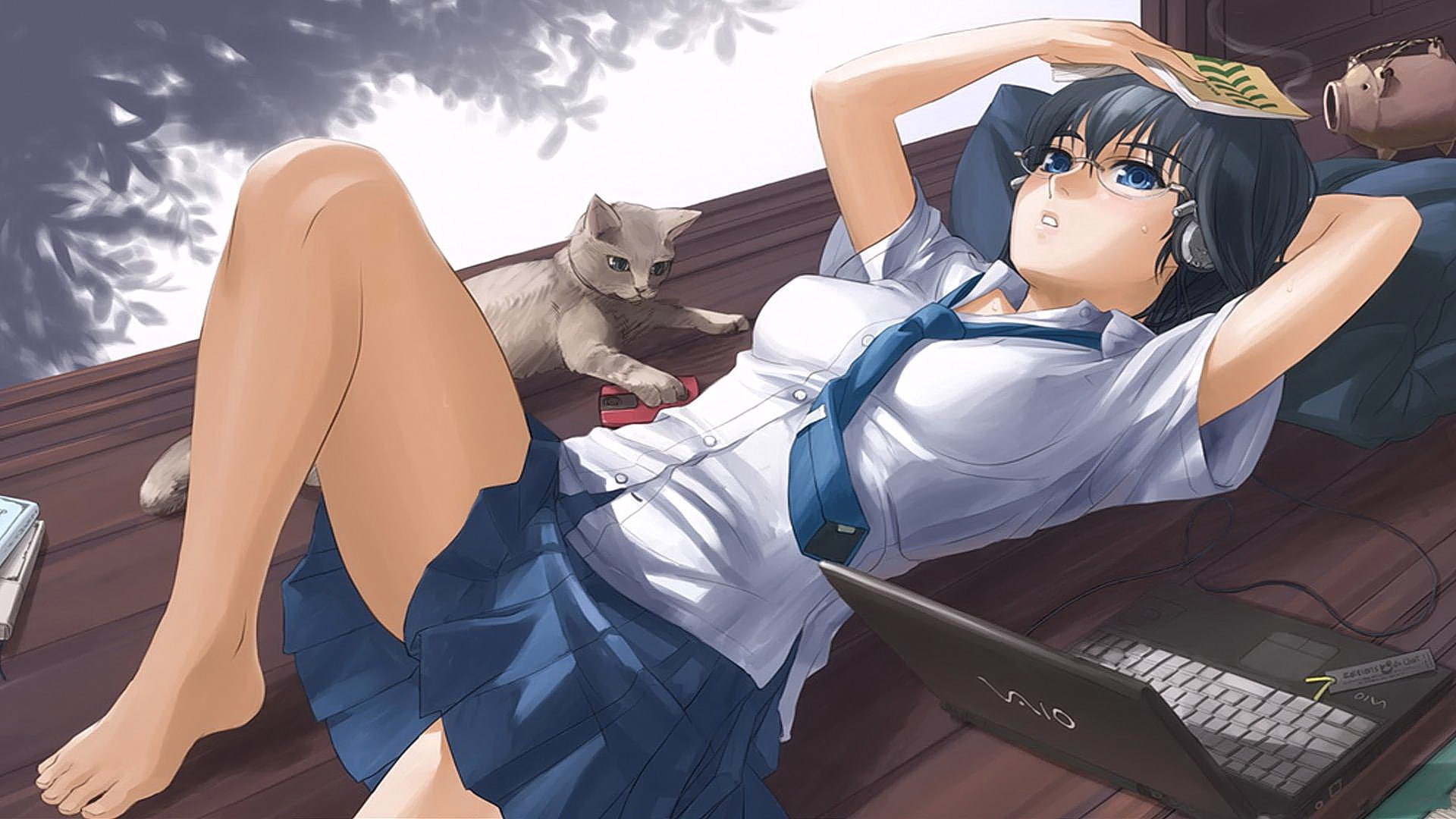 boys, males, anime, glasses, open mouth, notebooks, lying down, anime girls, portrait, girls, women, outdoors, nature, cat, 1080P, leisure activity, eyes, HD Wallpaper