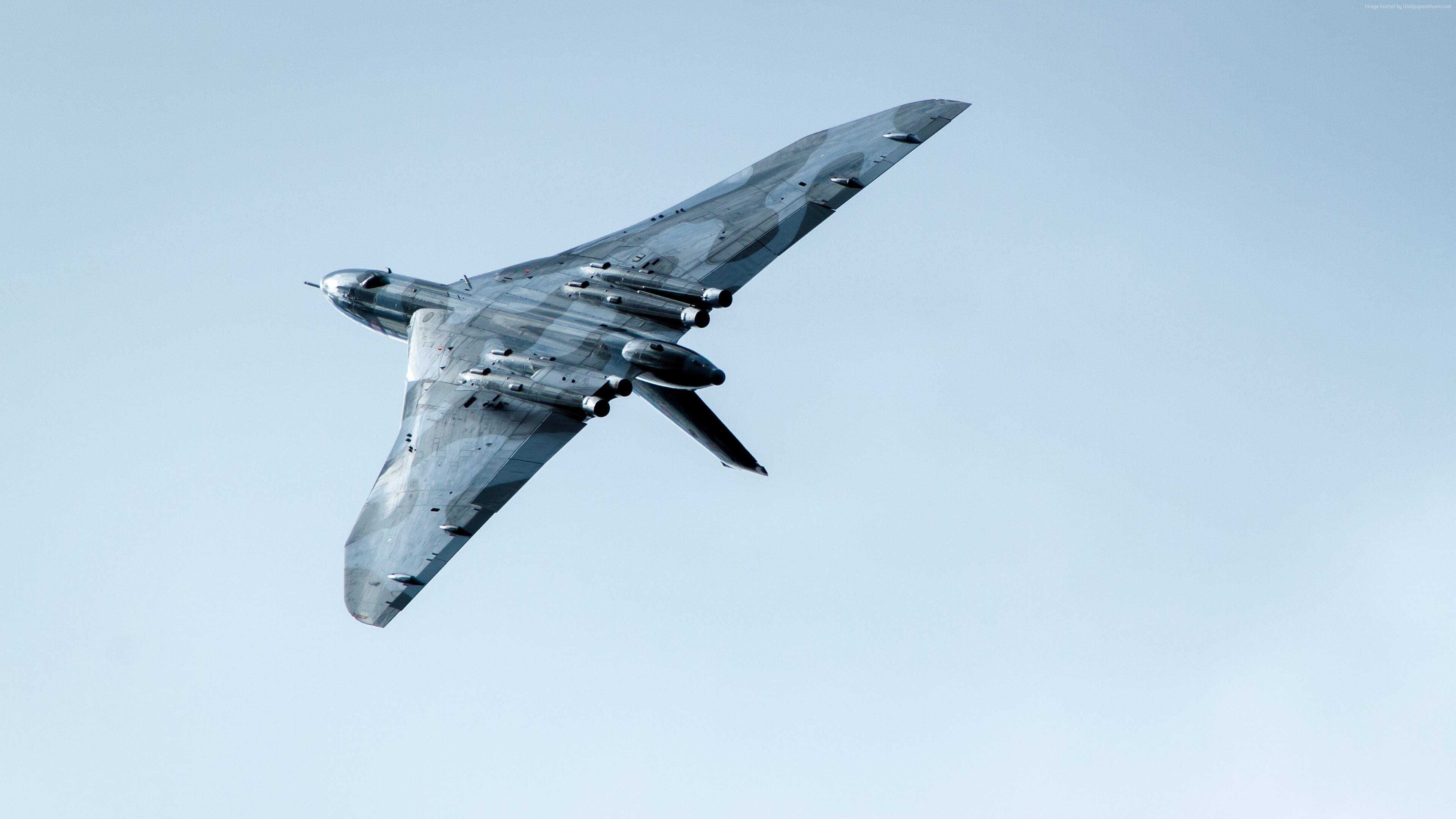 5k, Royal Air Force, low angle view, Avro Vulcan, flying, air force, motion, mid-air, no people, 4K, air vehicle, copy space, on the move, clear sky, nature, HD Wallpaper