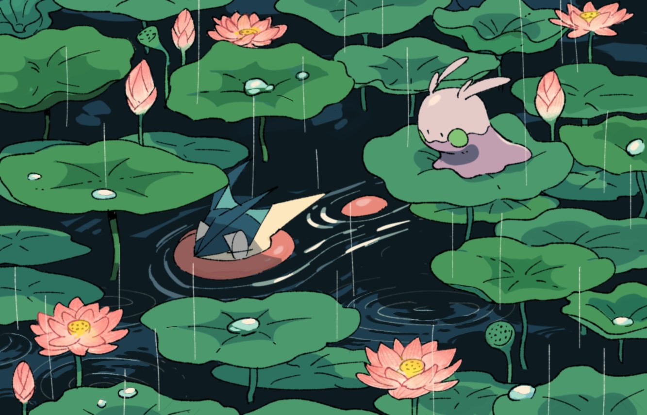 greninja, Pokémon, Goomy, rain, plants, 720P, HD Wallpaper