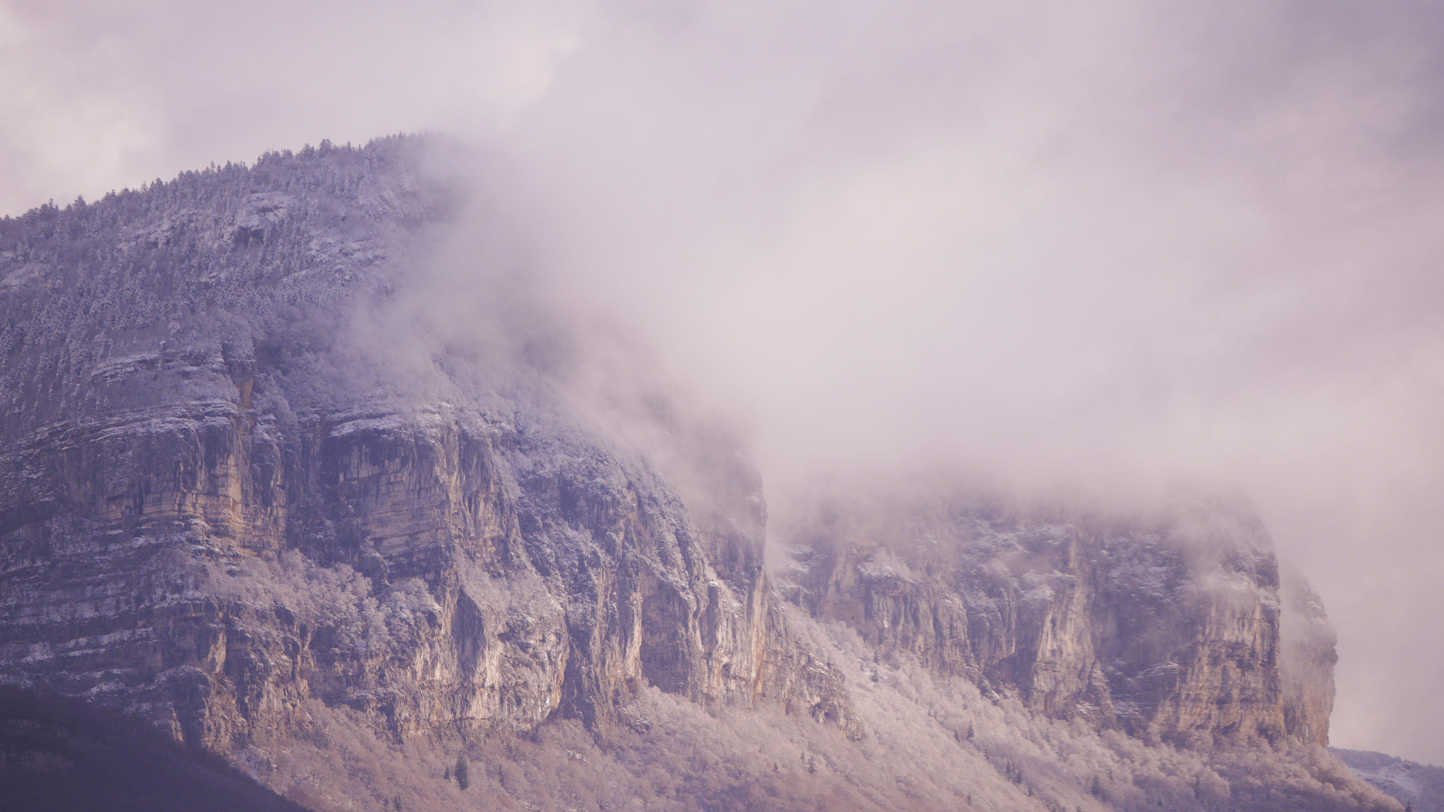 landscape, background, mountain peak, forest, sky, snow, nature, cloud, rock, scenics - nature, outdoors, fog, 4K, environment, no people, physical geography, HD Wallpaper