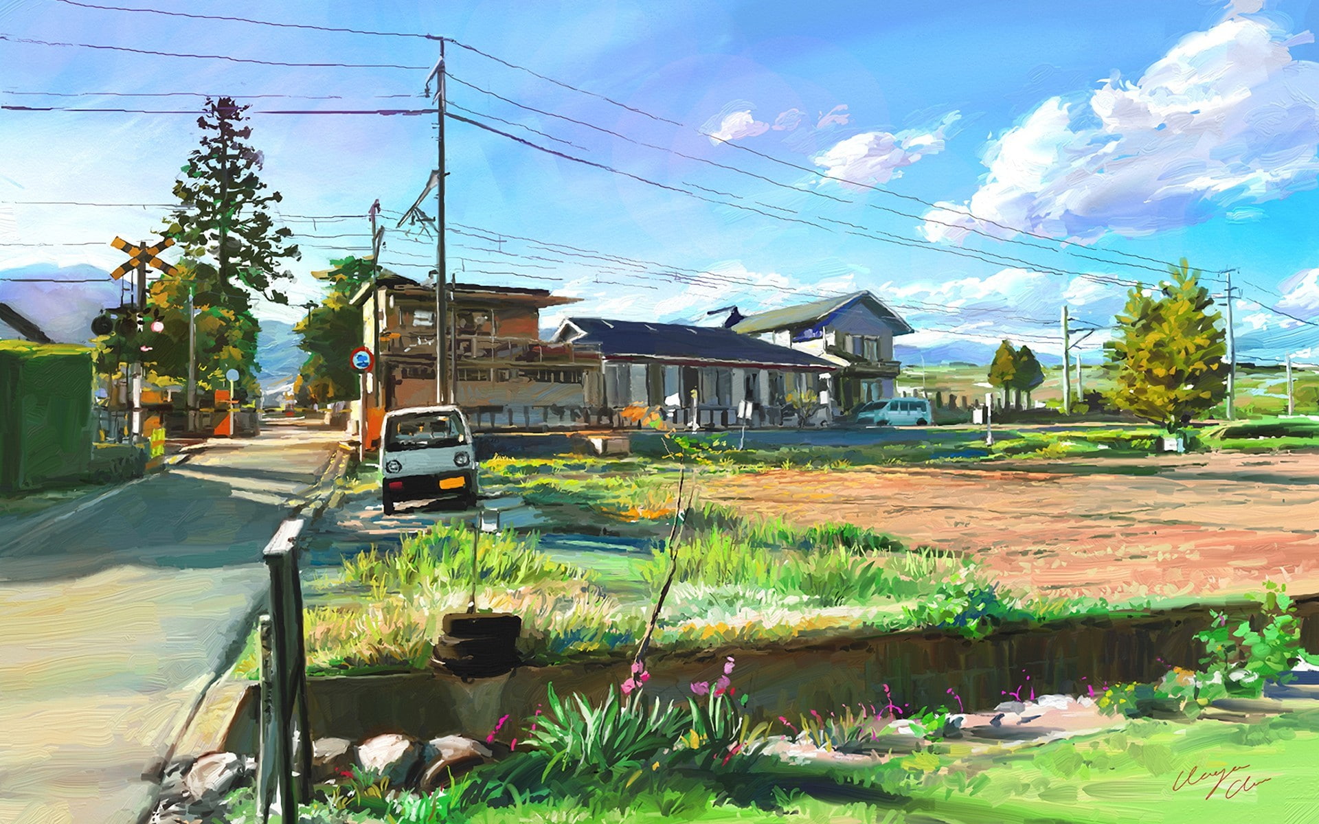 cloud - sky, day, built structure, mode of transportation, water, 1080P, power supply, architecture, outdoors, artwork, sky, cable, anime, transportation, HD Wallpaper